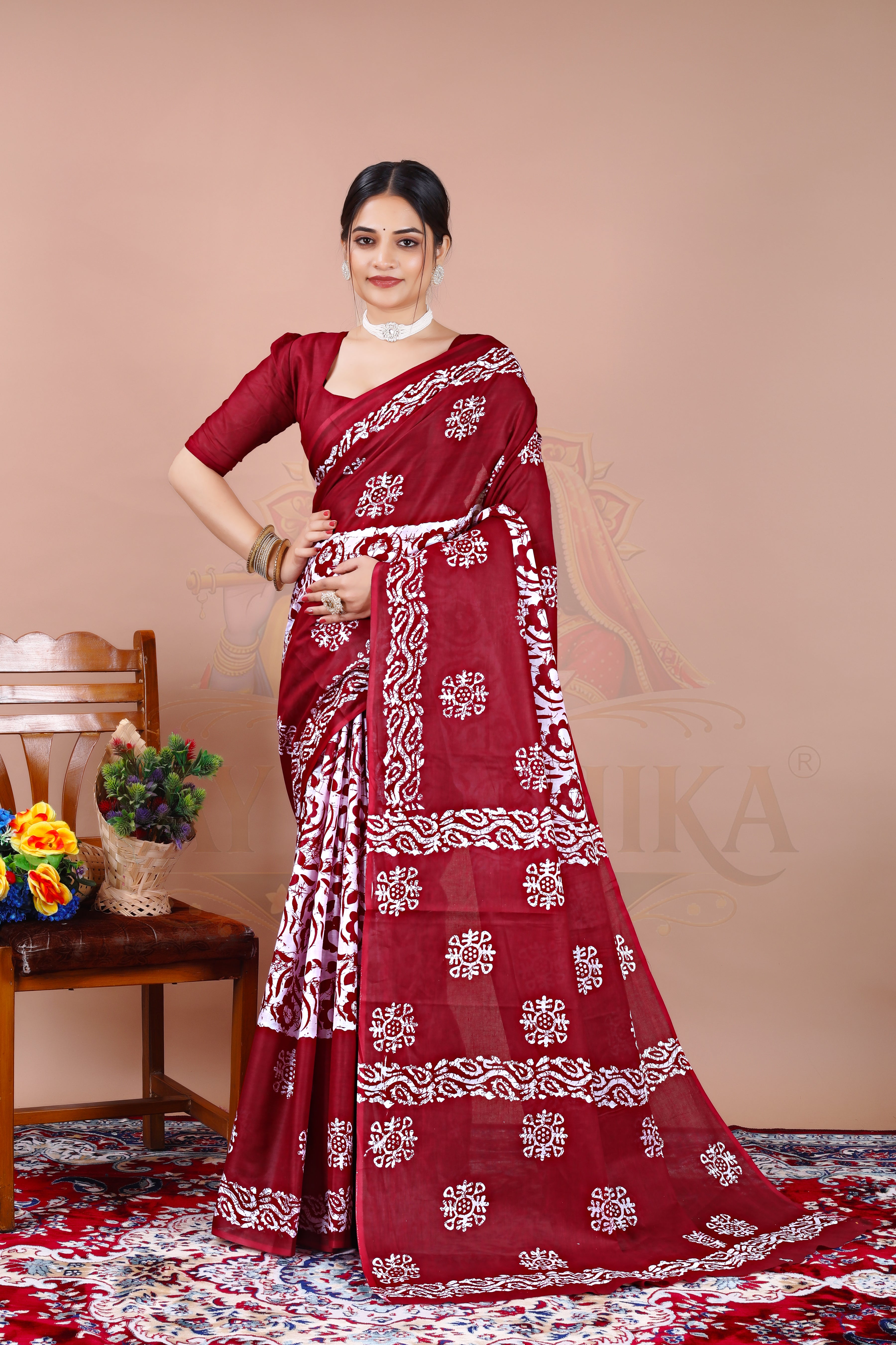Maroon Batik Cotton Printed Saree Jay Radhika Textile