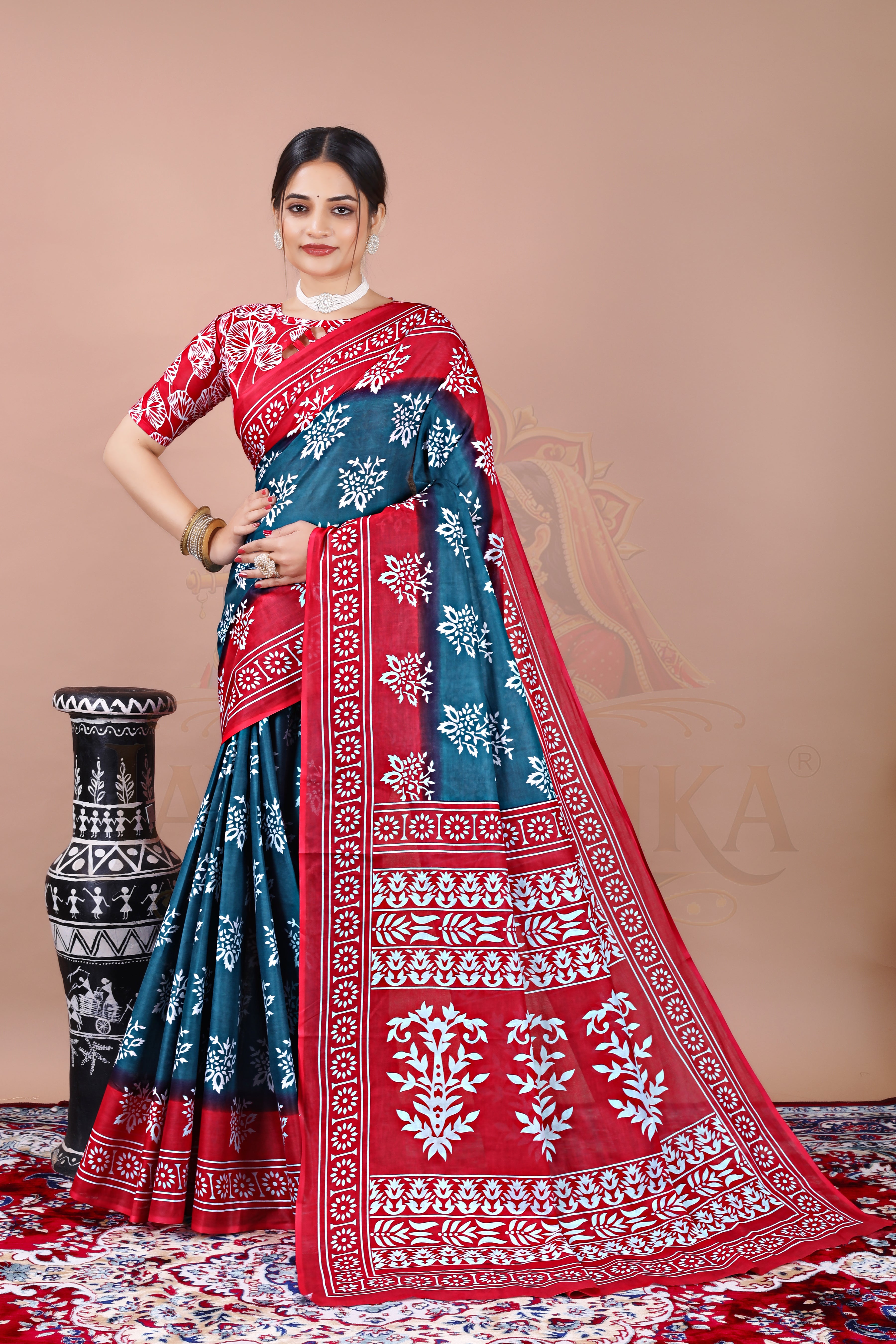 Rama Pink Cotton Printed Saree Jay Radhika Textile