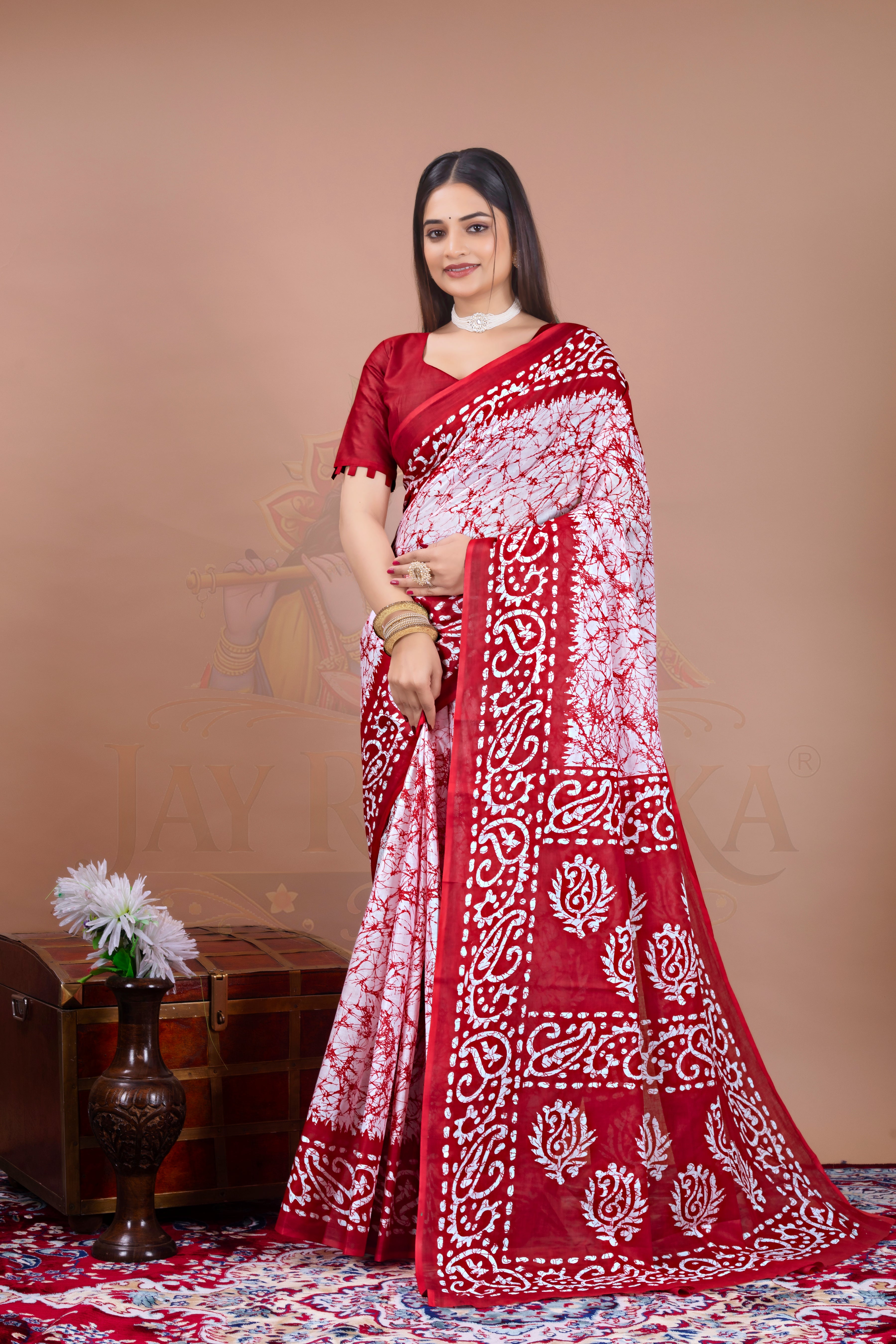 Red Batik Cotton Printed Saree Jay Radhika Textile