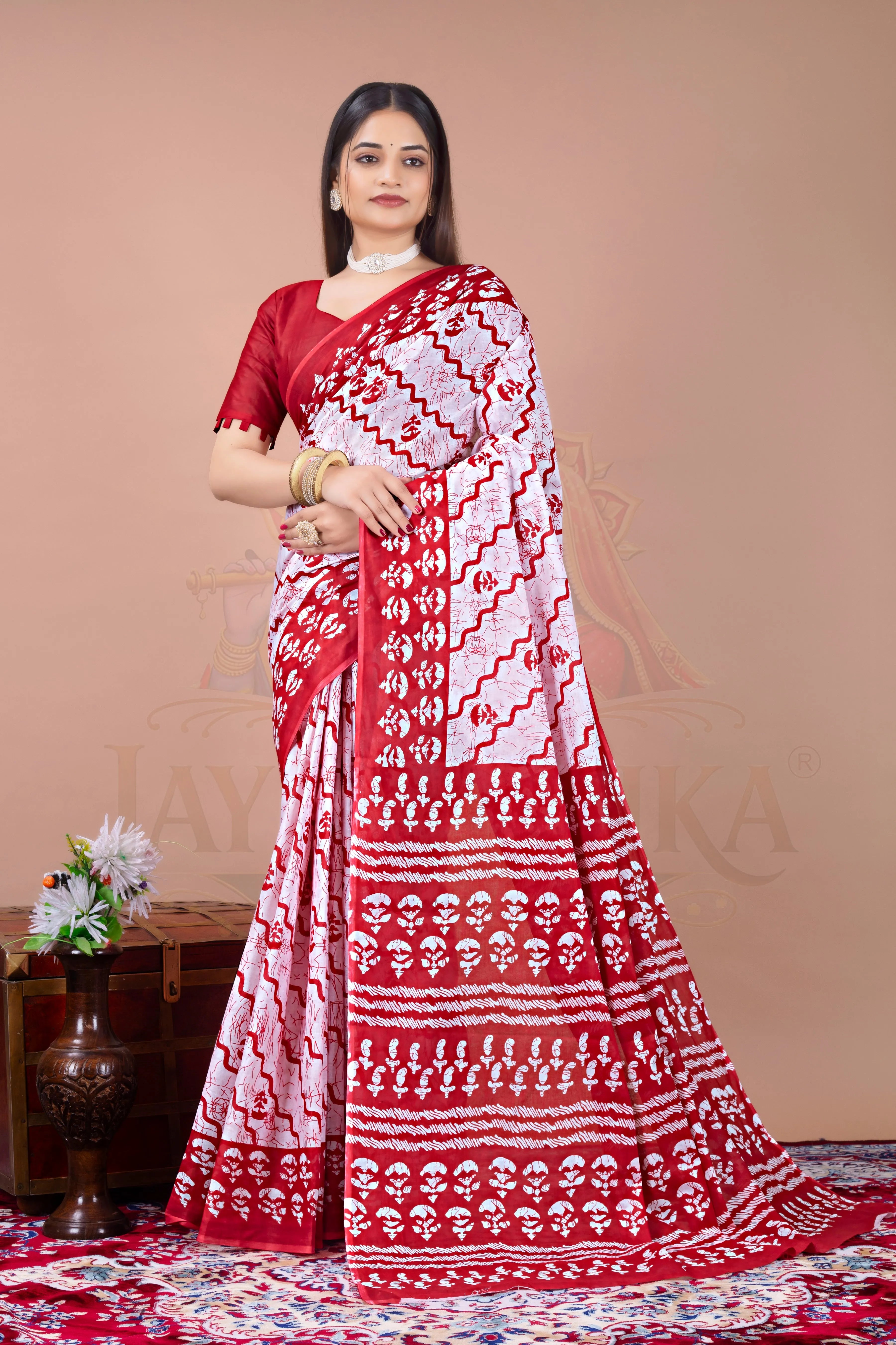 Red Rose Batik Printed Cotton Saree Jay Radhika Textile