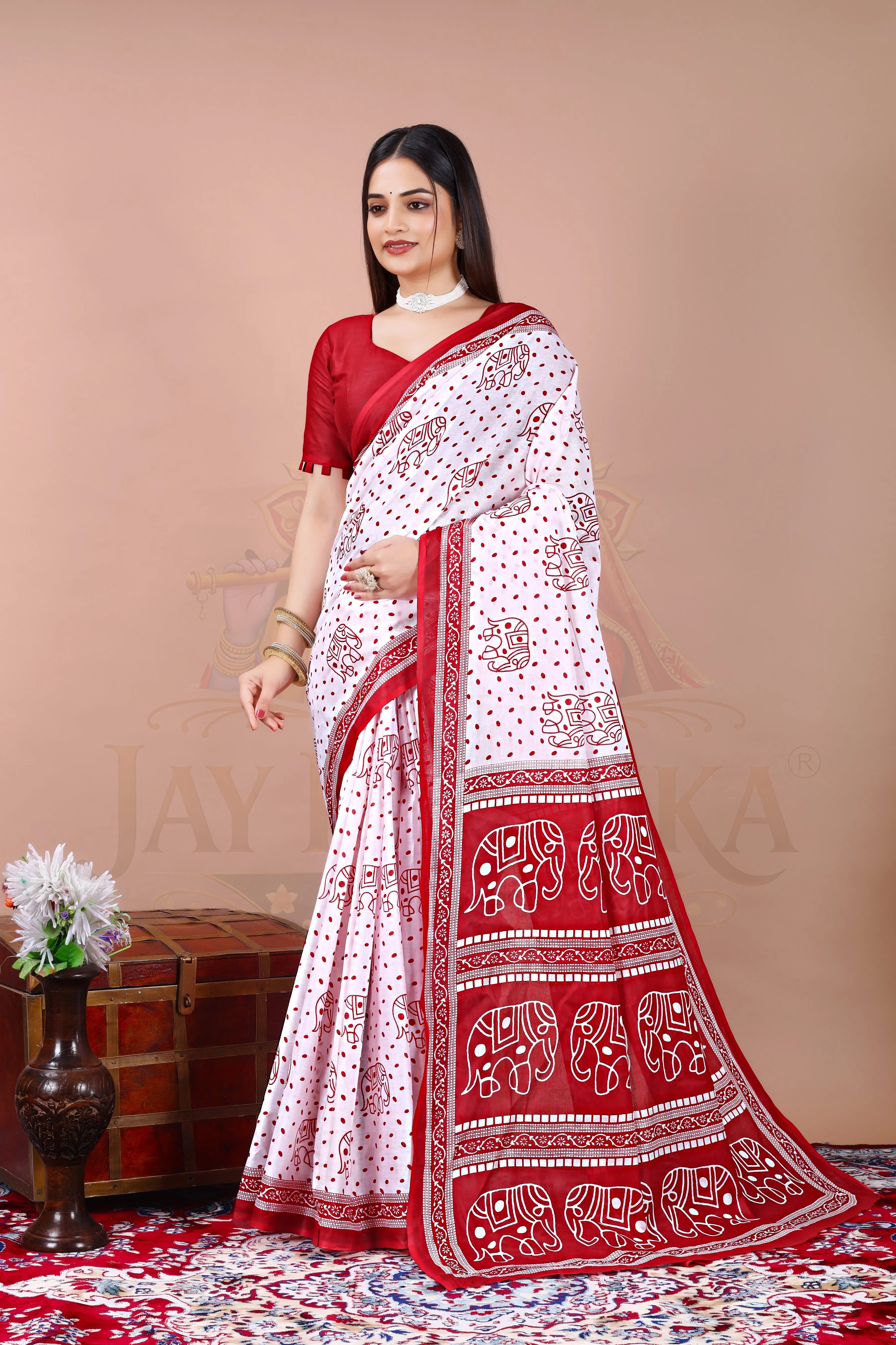 White Red Cotton Elephant Printed Saree Jay Radhika Textile