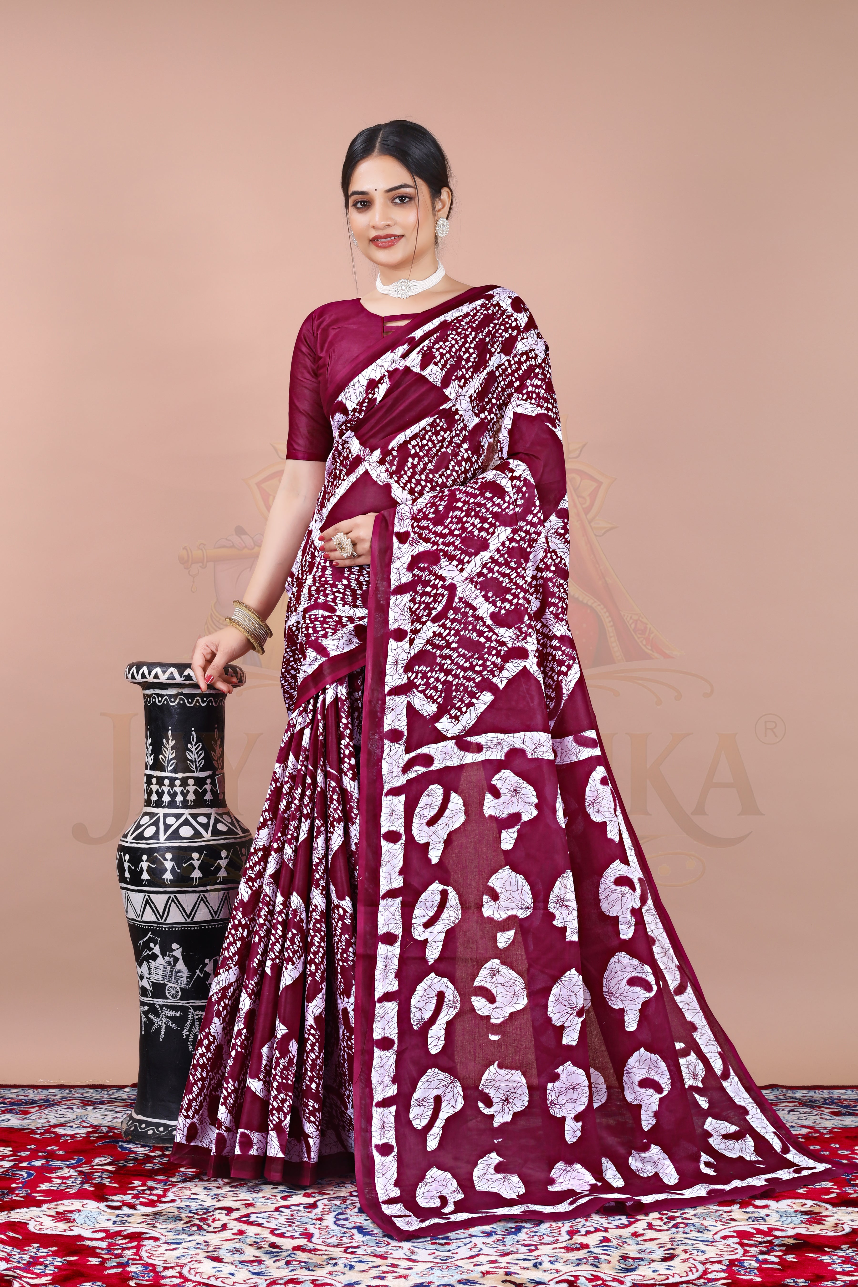 Wine Cotton Printed Saree Jay Radhika Textile