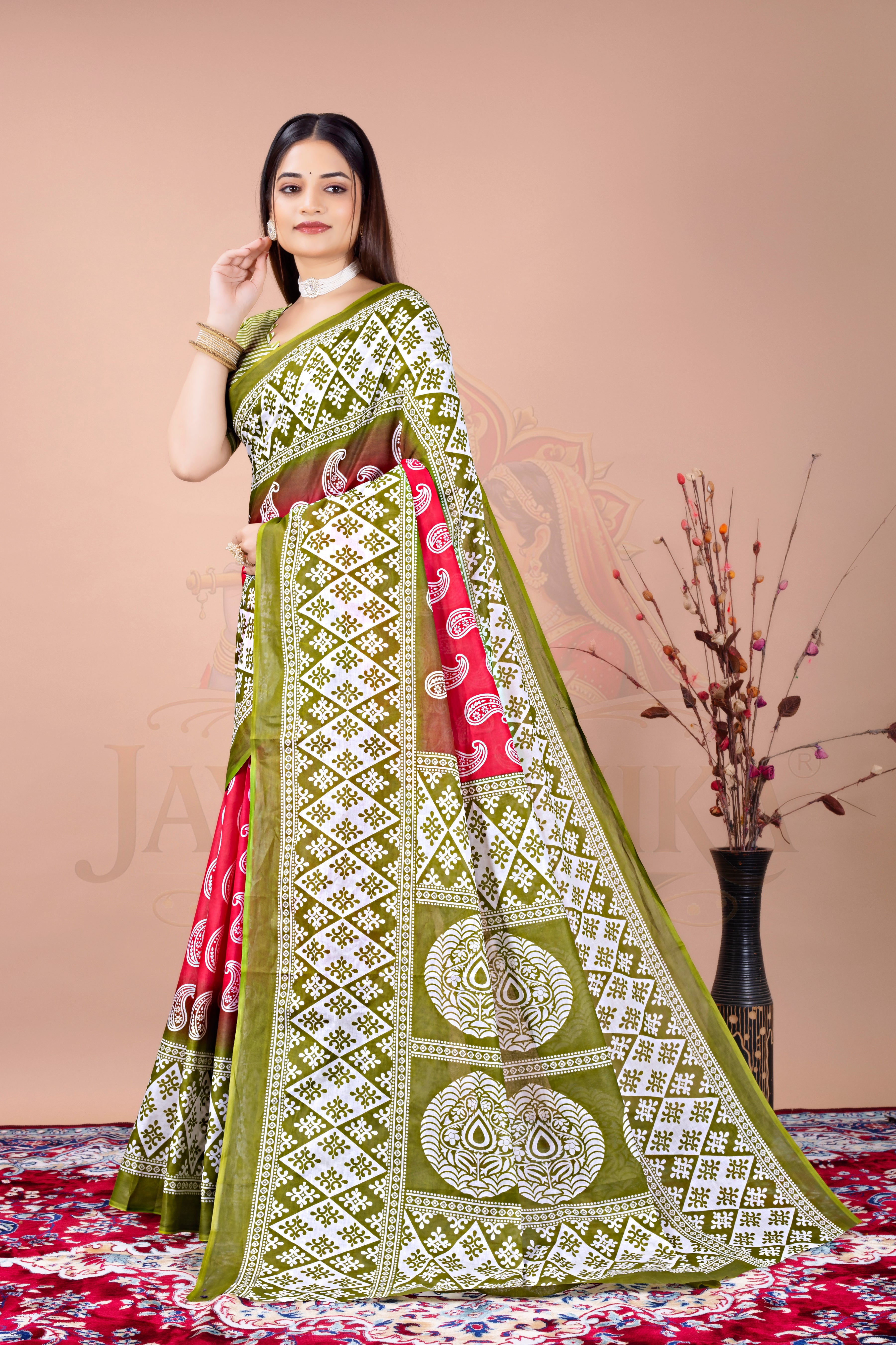 Green Red Printed Cotton Saree