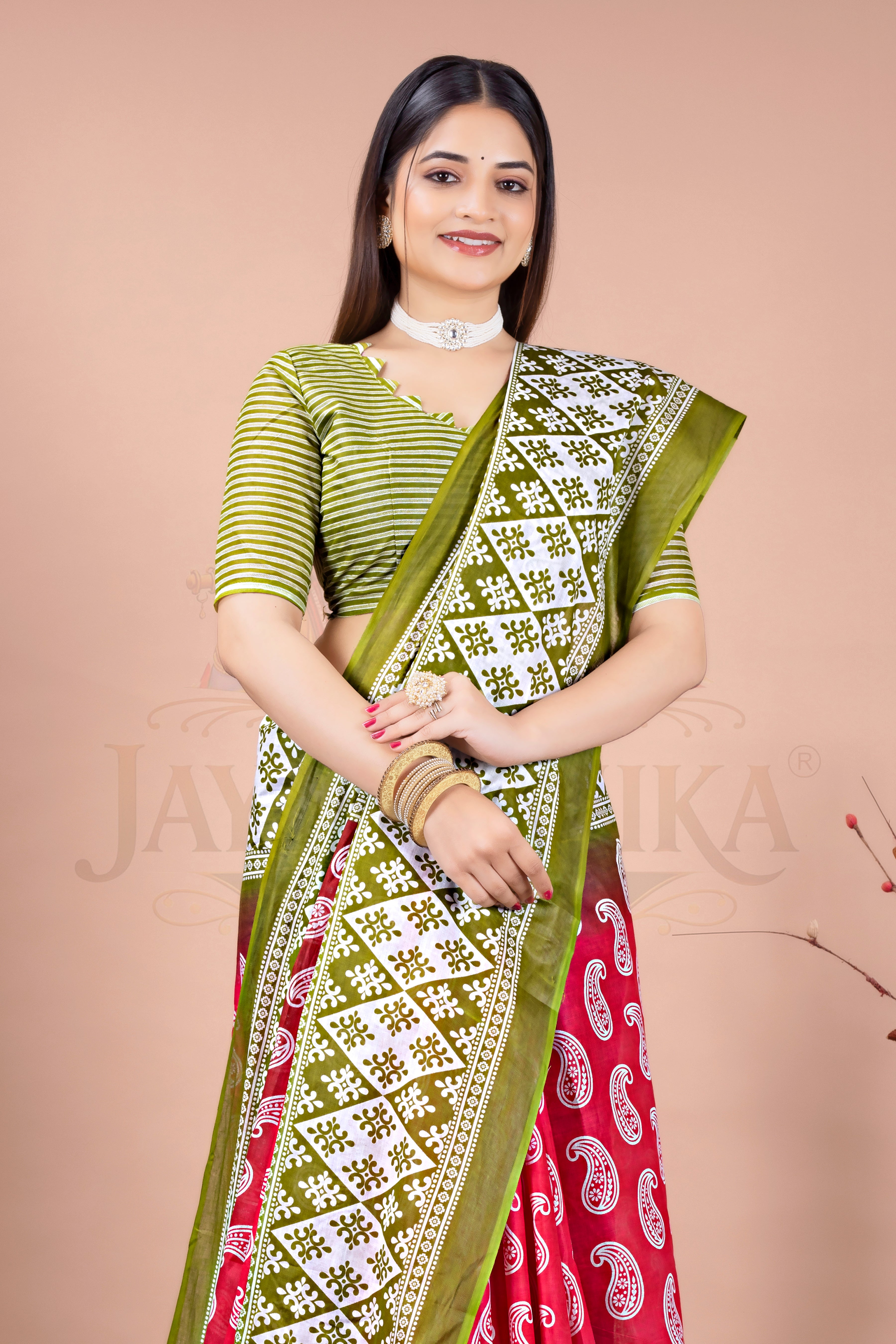 Green Red Printed Cotton Saree