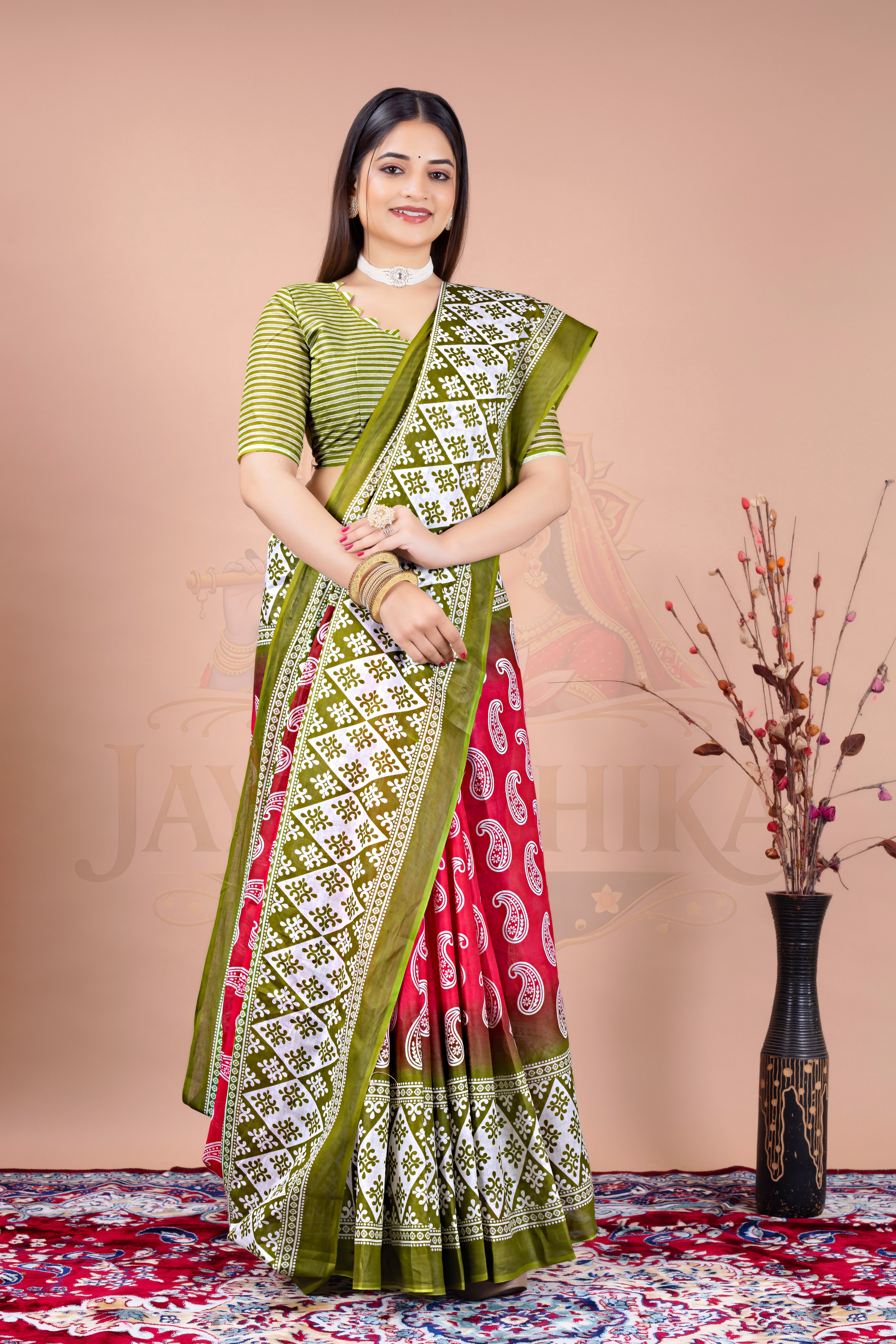 Green Red Printed Cotton Saree