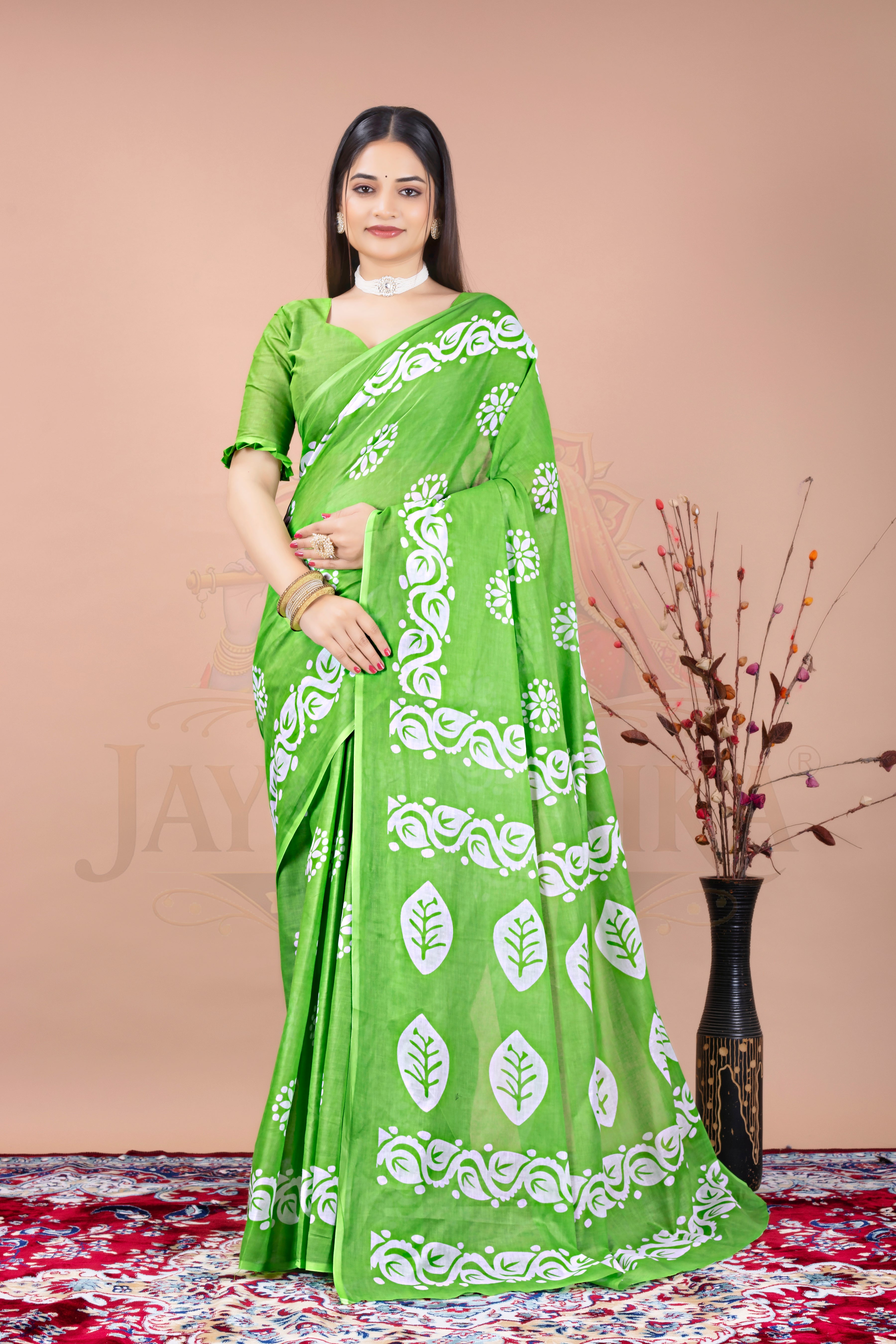 Green White Batik Printed Cotton Saree