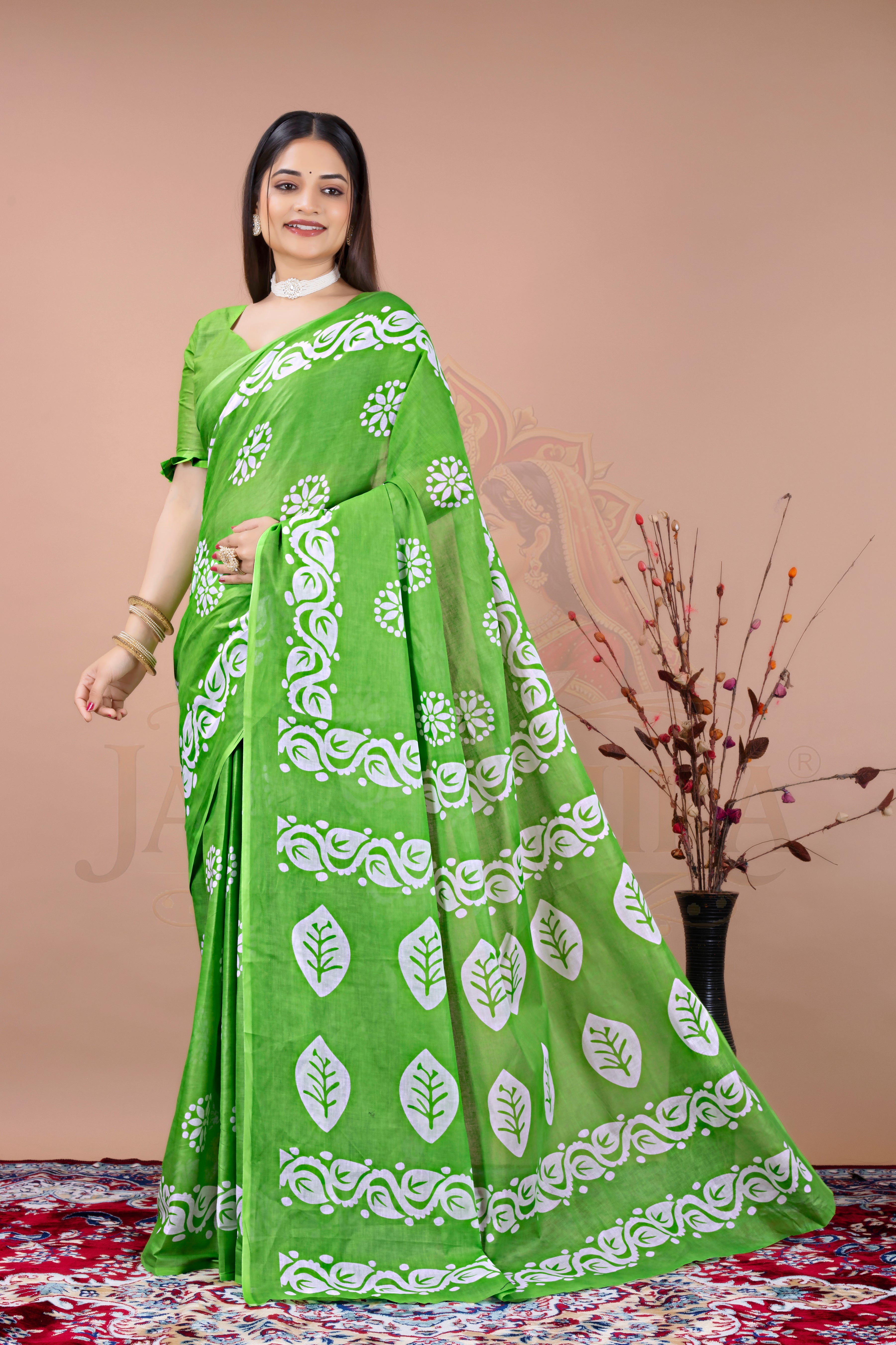 Green White Batik Printed Cotton Saree