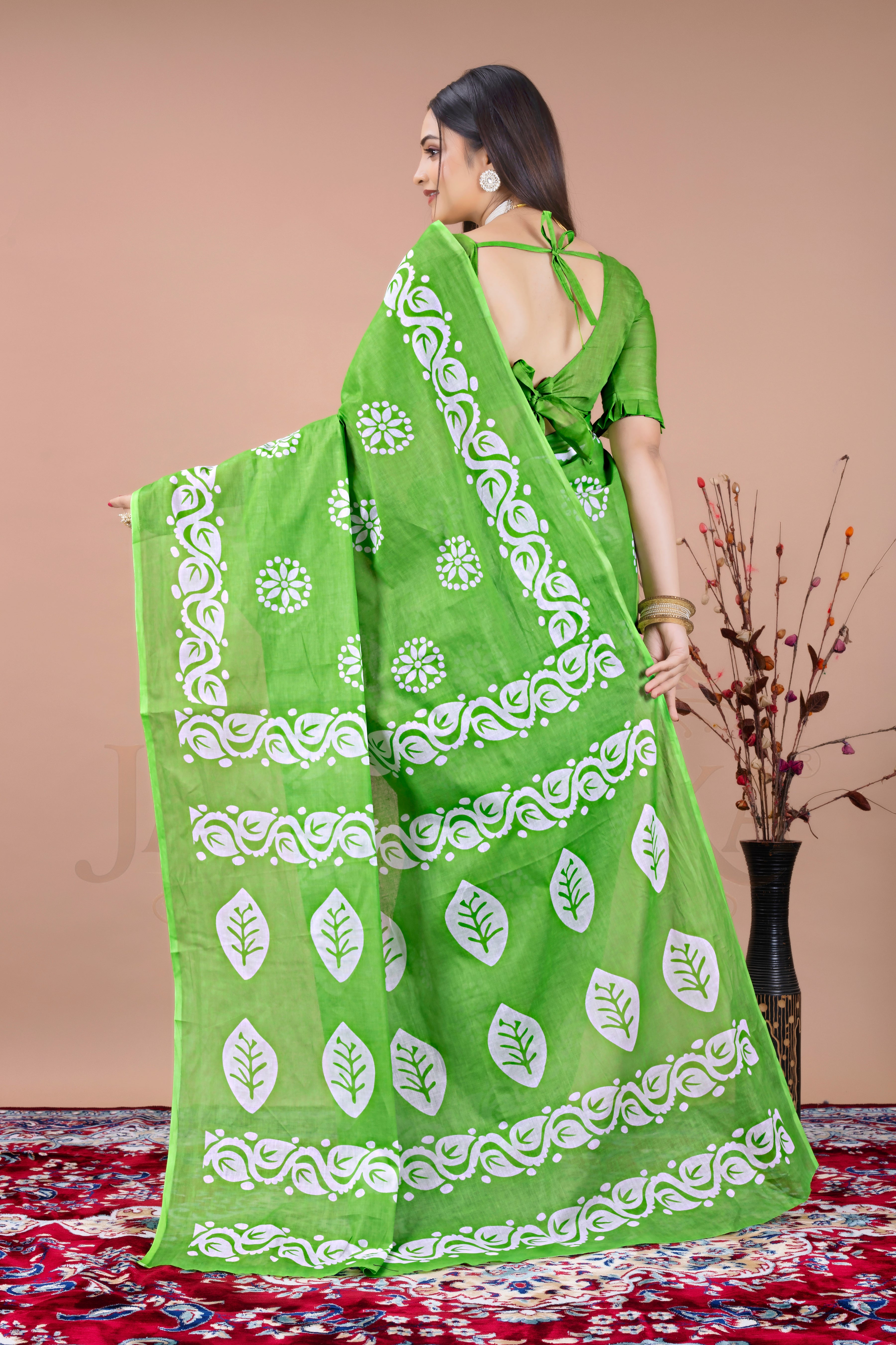 Green White Batik Printed Cotton Saree