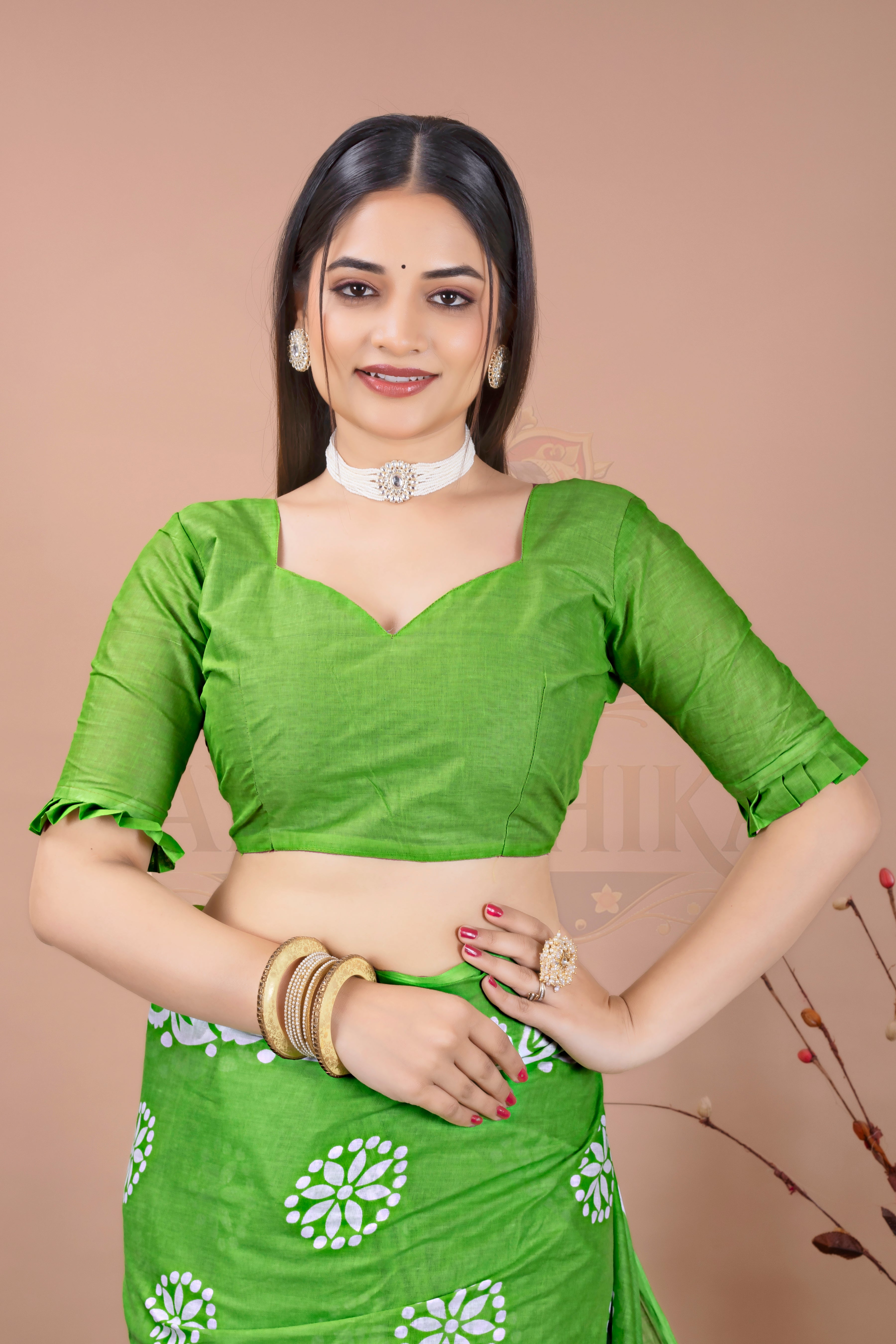 Green White Batik Printed Cotton Saree