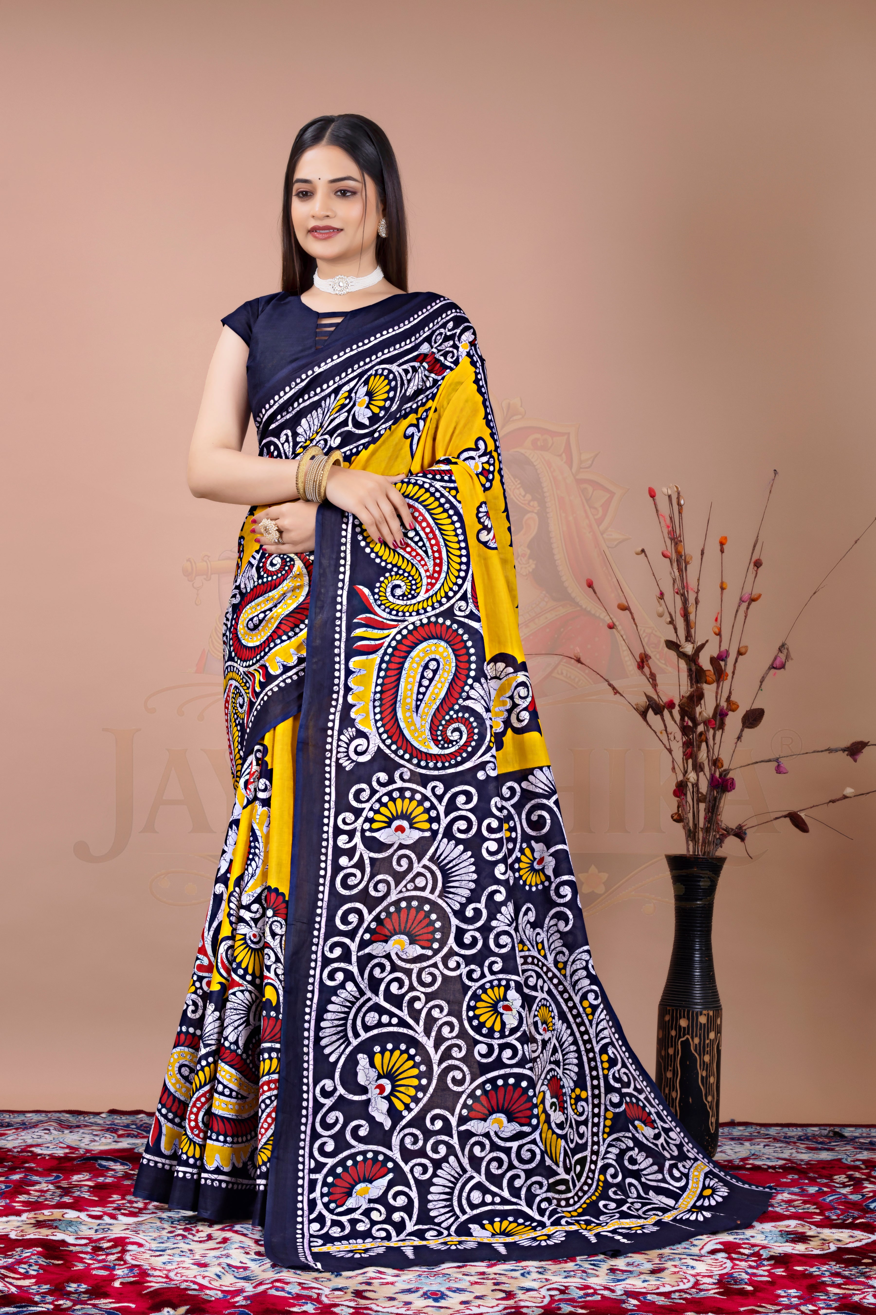 Navy Blue Yellow Digital Printed Cotton Saree