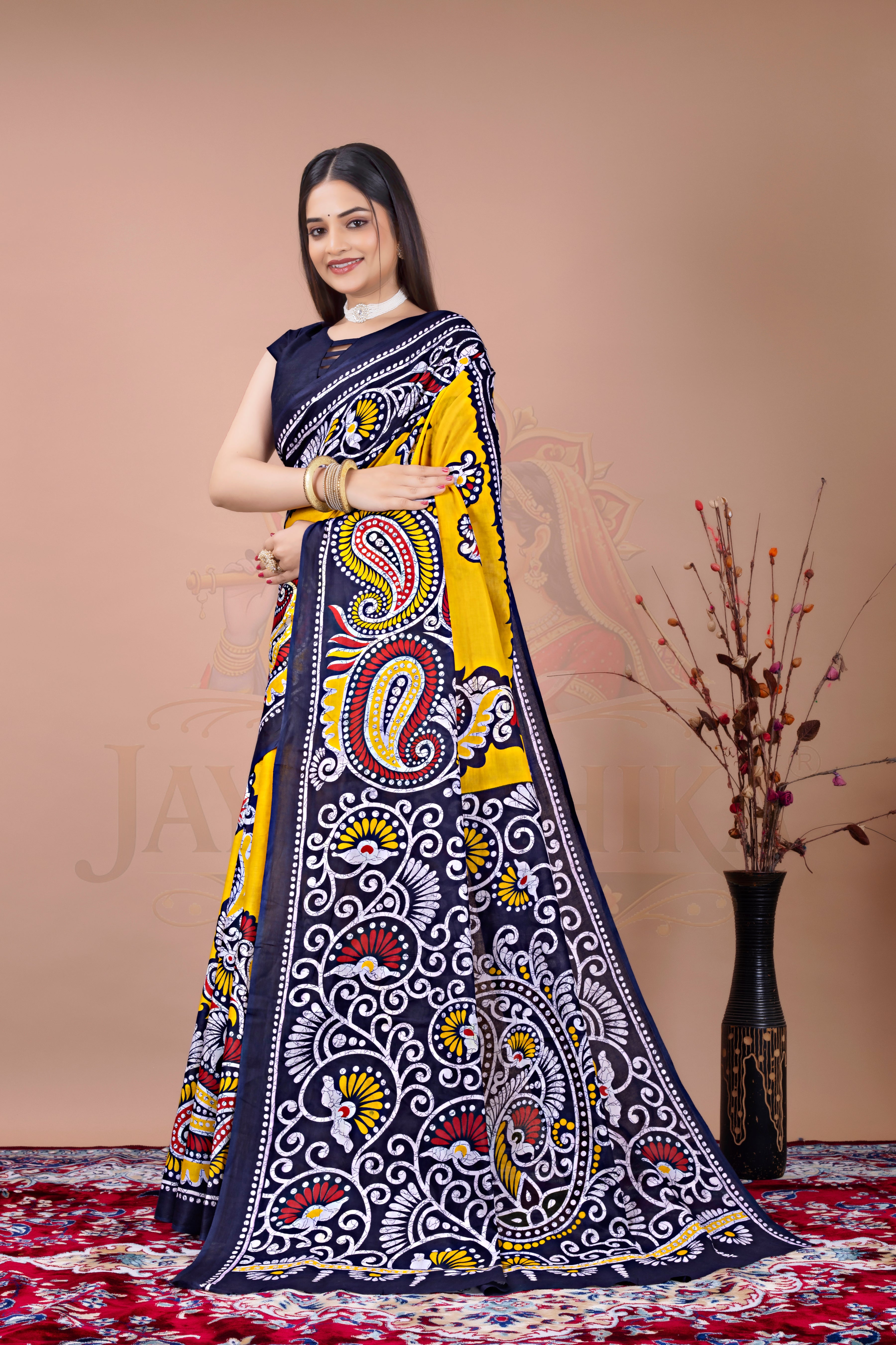 Navy Blue Yellow Digital Printed Cotton Saree