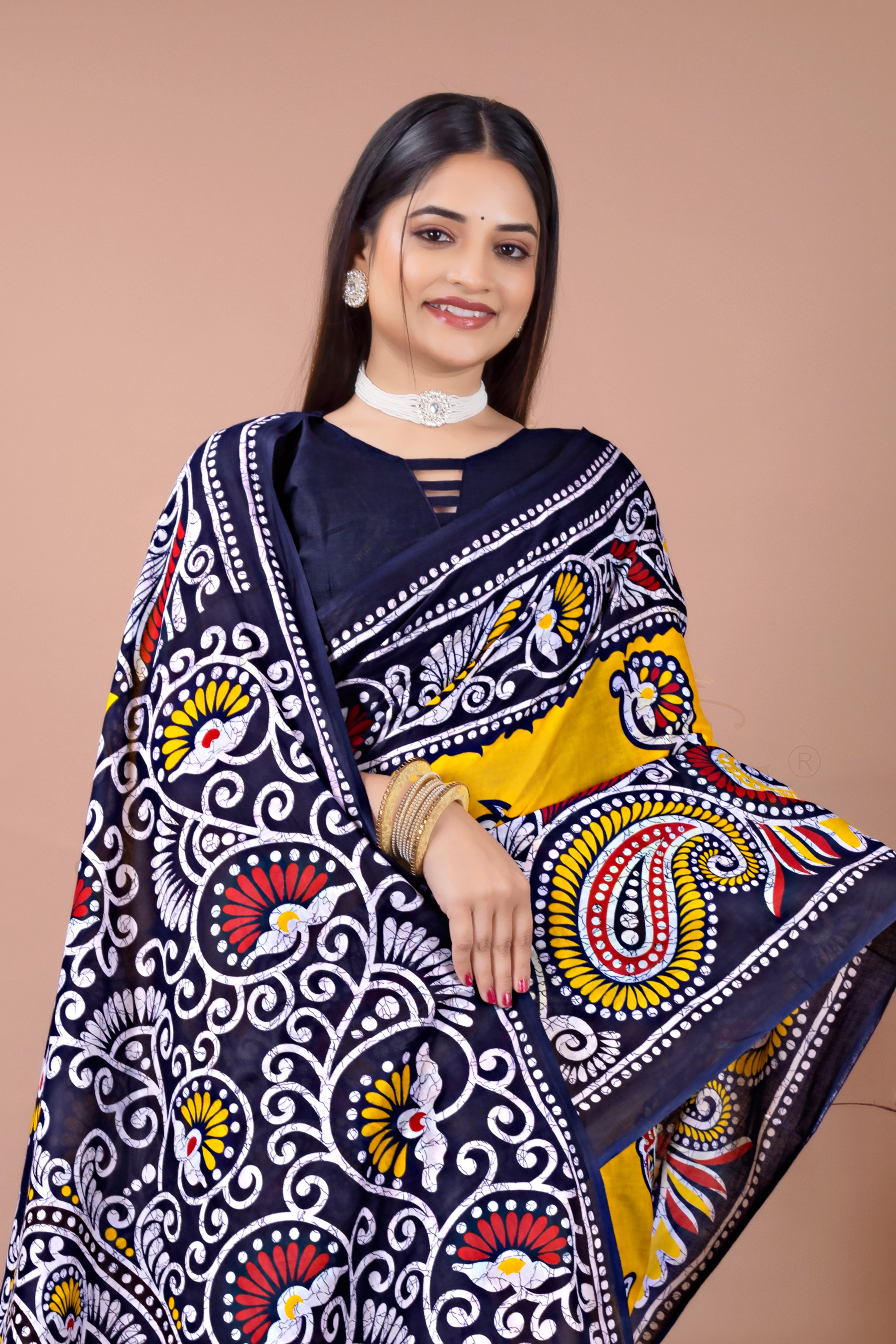 Navy Blue Yellow Digital Printed Cotton Saree