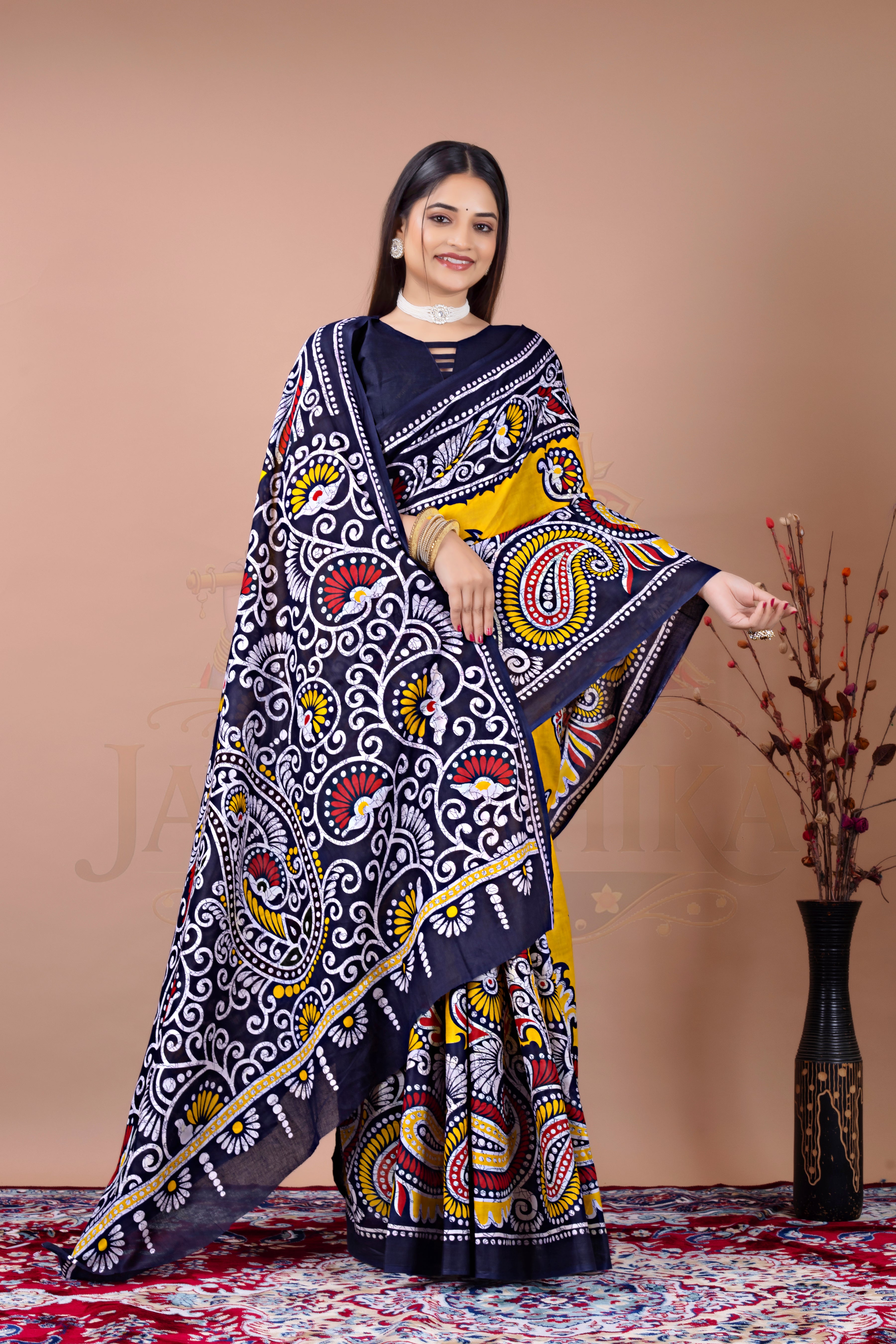 Navy Blue Yellow Digital Printed Cotton Saree