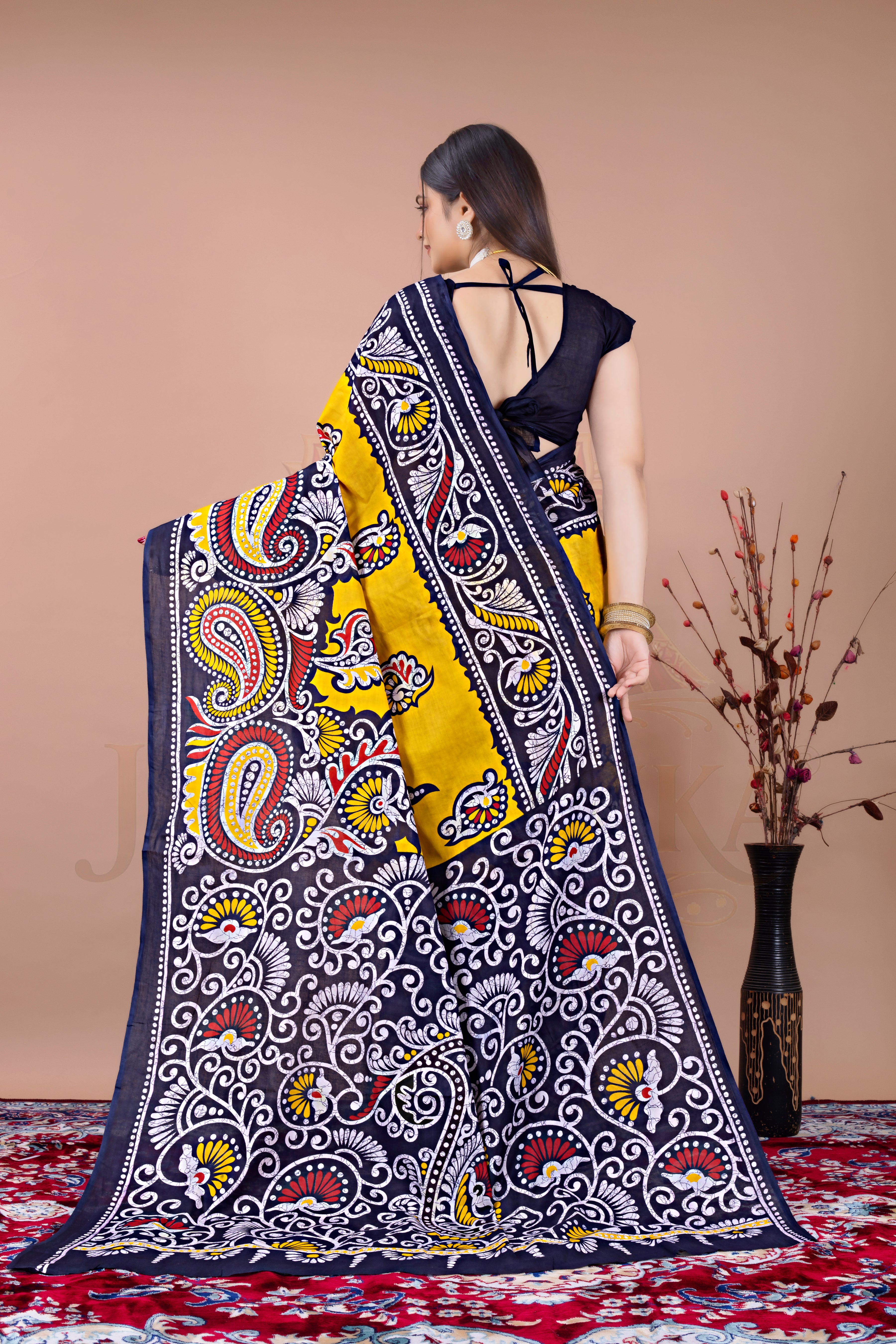Navy Blue Yellow Digital Printed Cotton Saree