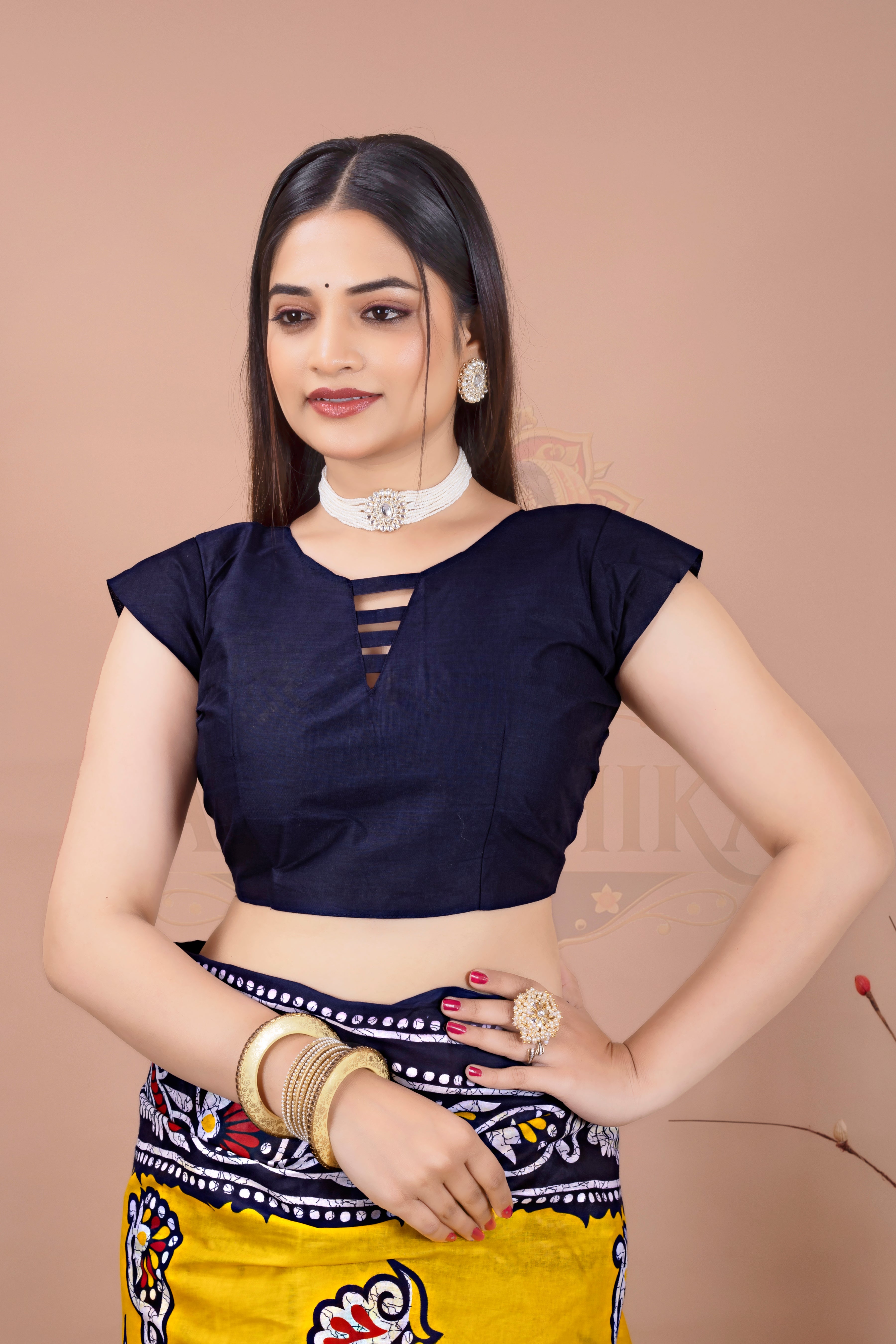 Navy Blue Yellow Digital Printed Cotton Saree