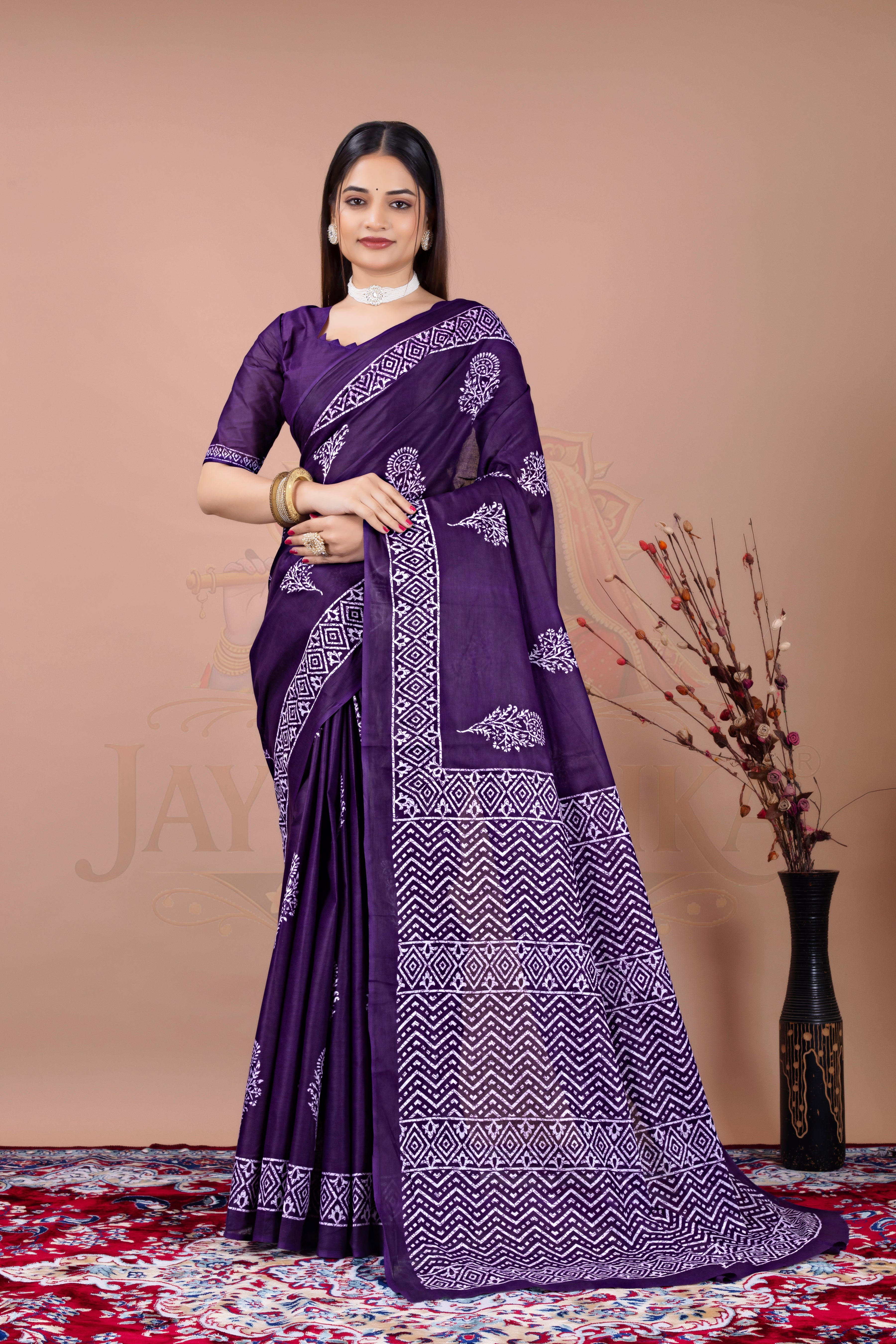 Purple Block Printed Cotton Saree