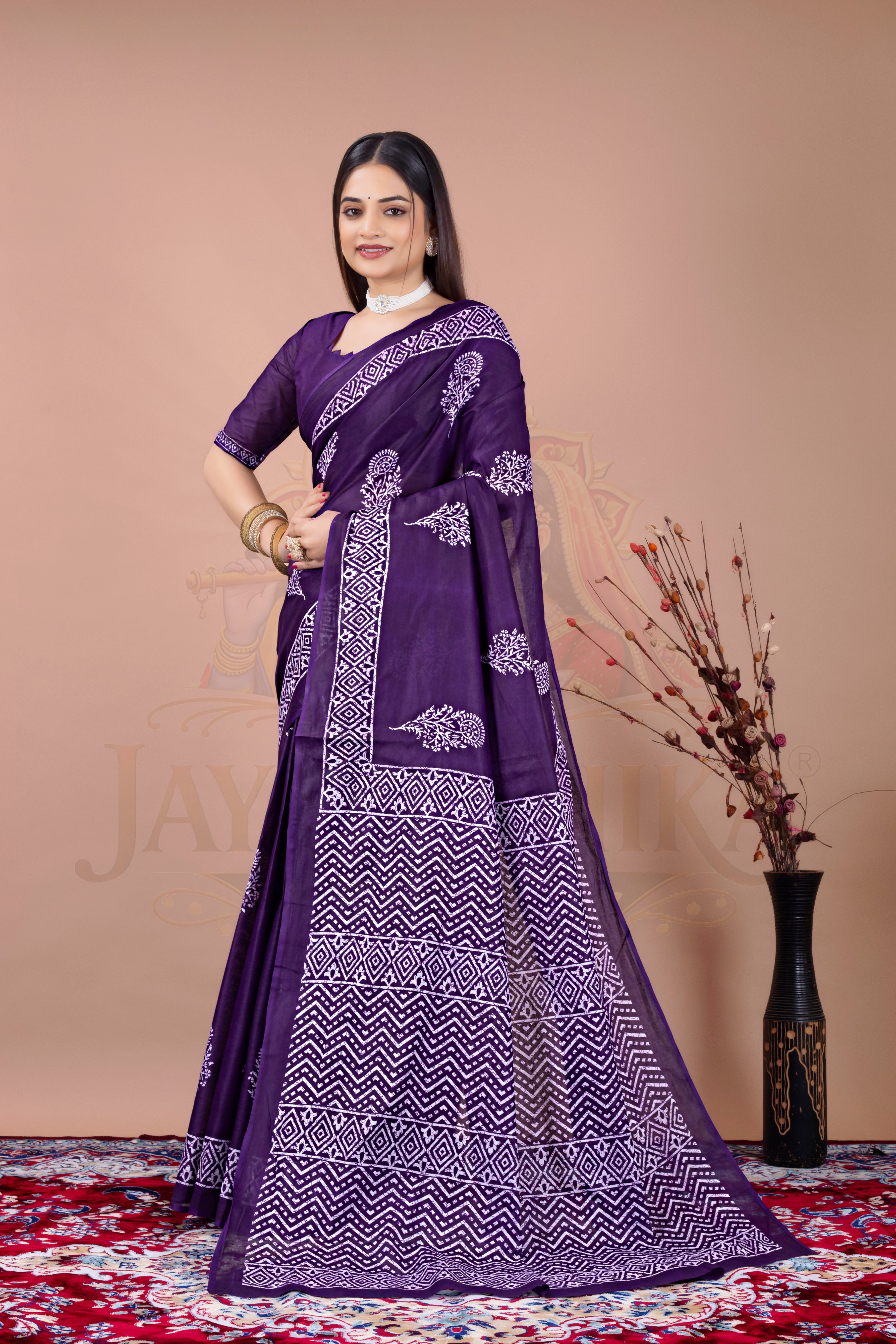 Purple Block Printed Cotton Saree
