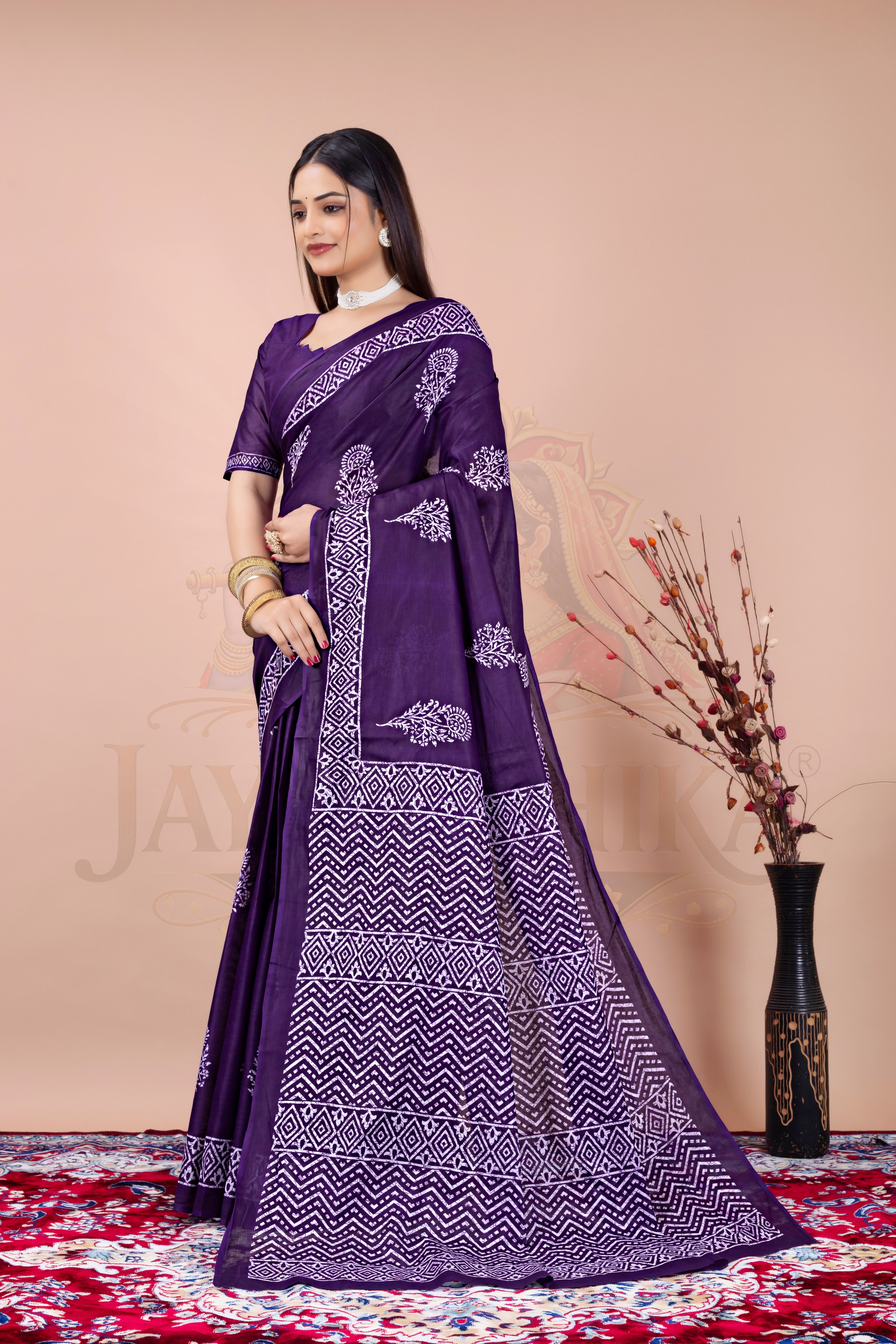 Purple Block Printed Cotton Saree