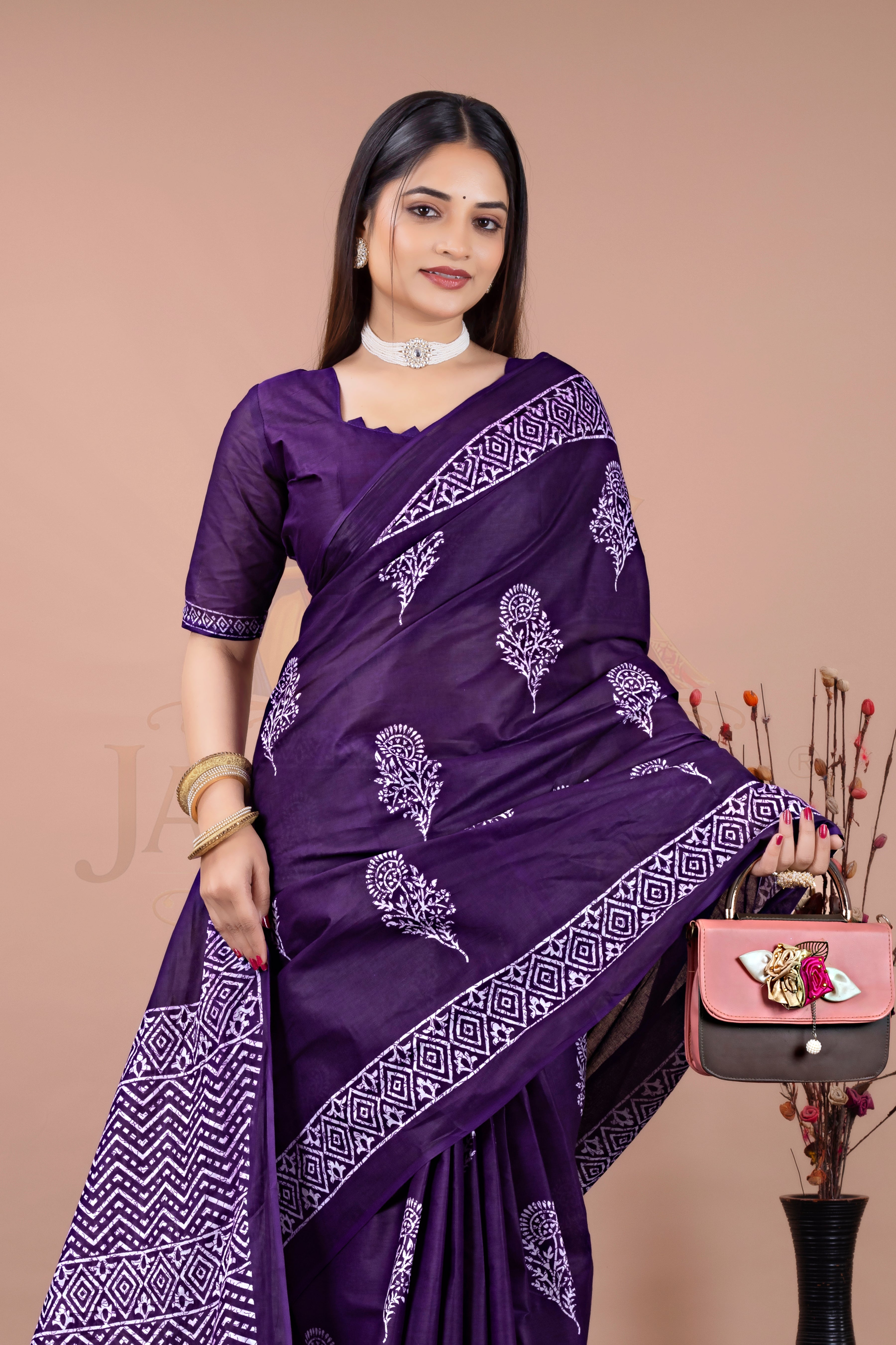 Purple Block Printed Cotton Saree