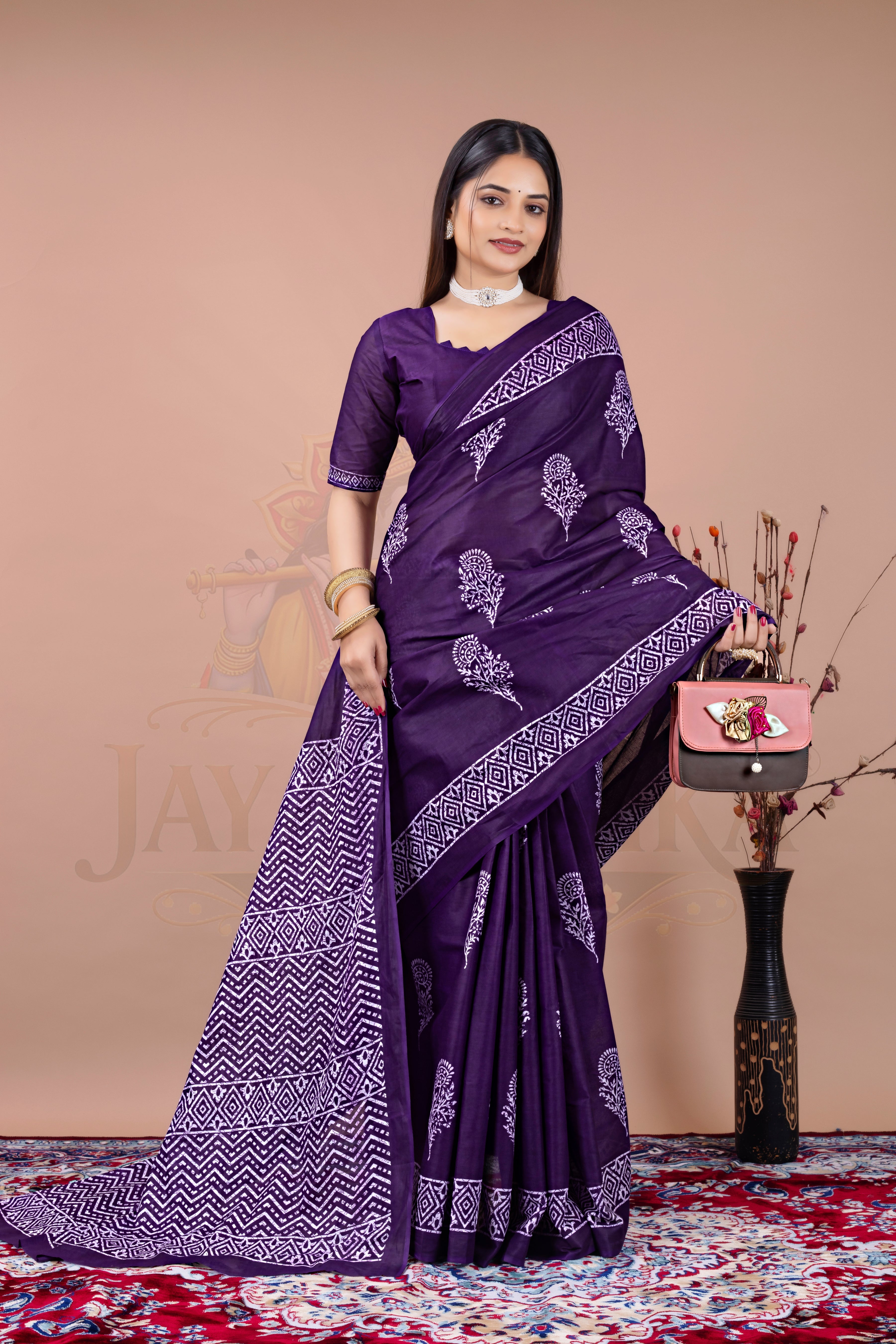 Purple Block Printed Cotton Saree