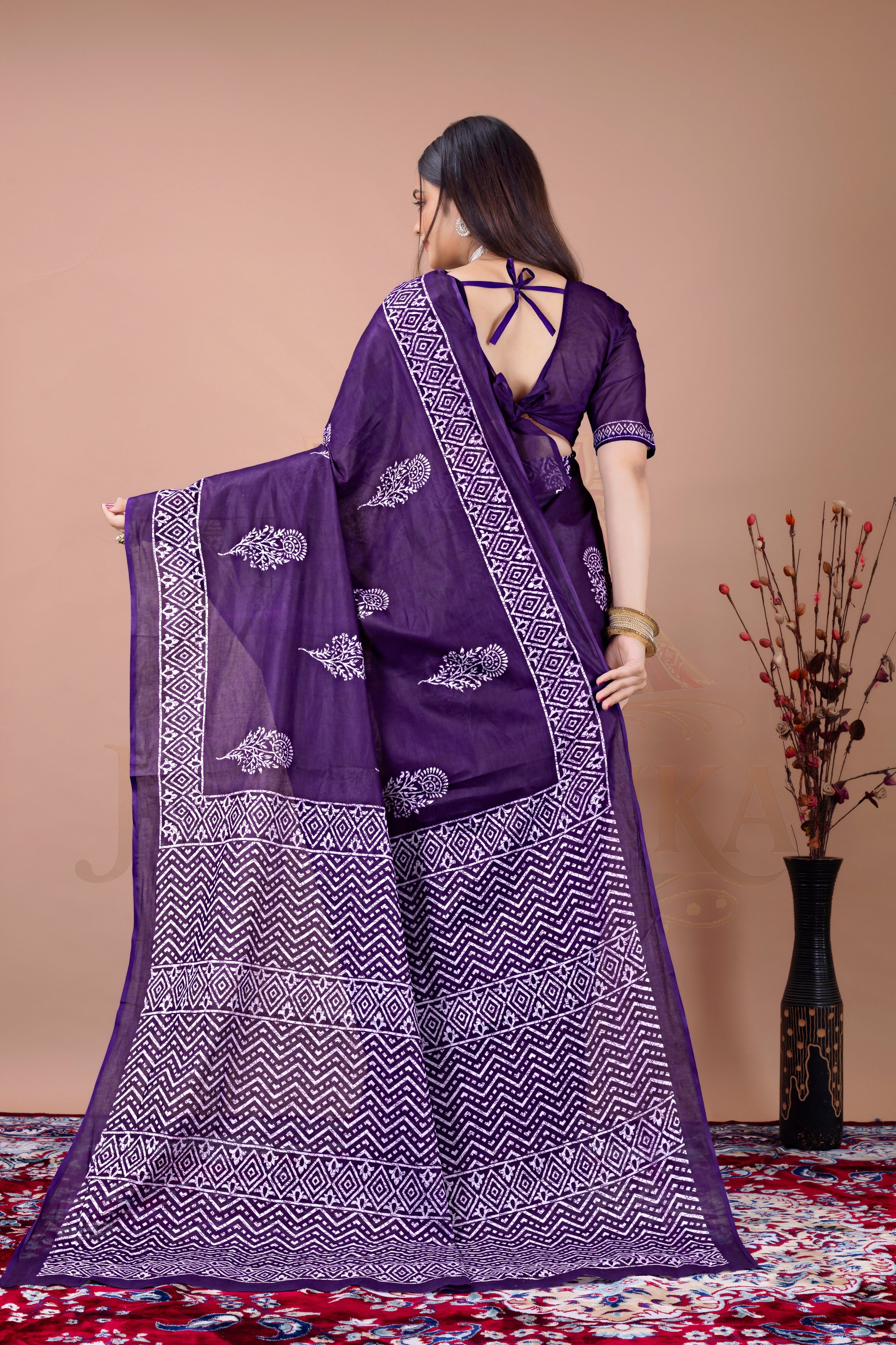 Purple Block Printed Cotton Saree
