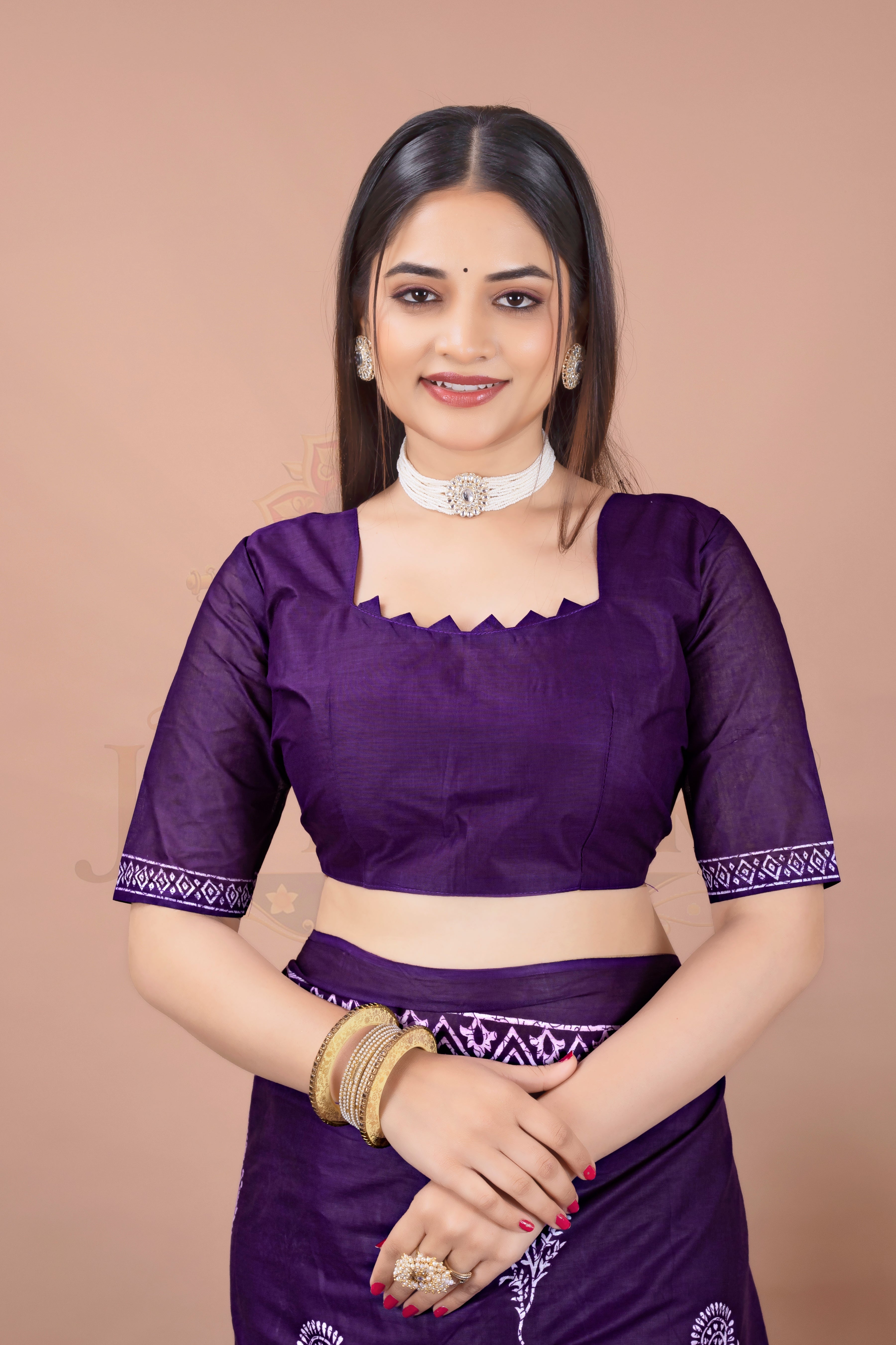 Purple Block Printed Cotton Saree