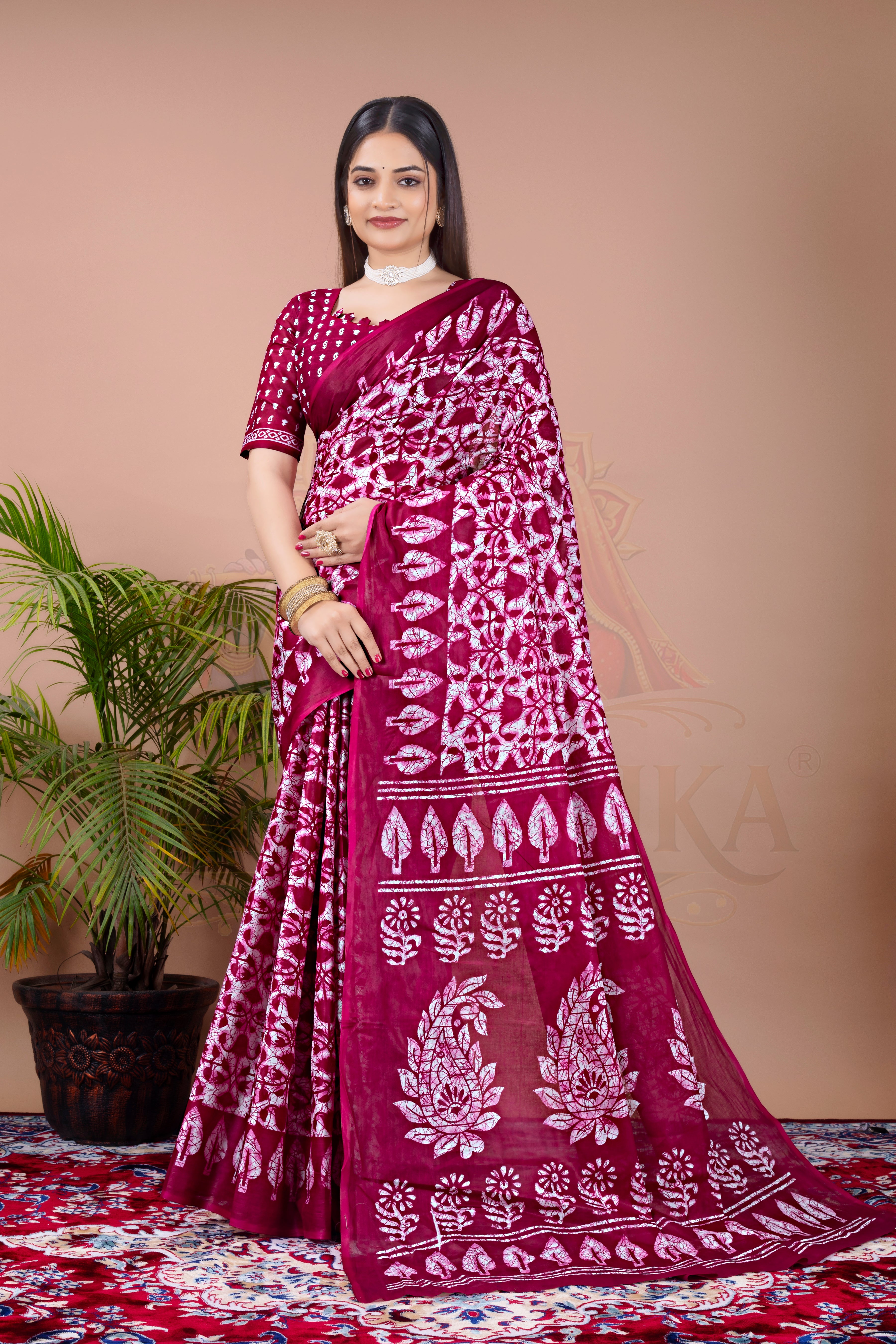 Rani Pink Batik Printed Cotton Saree