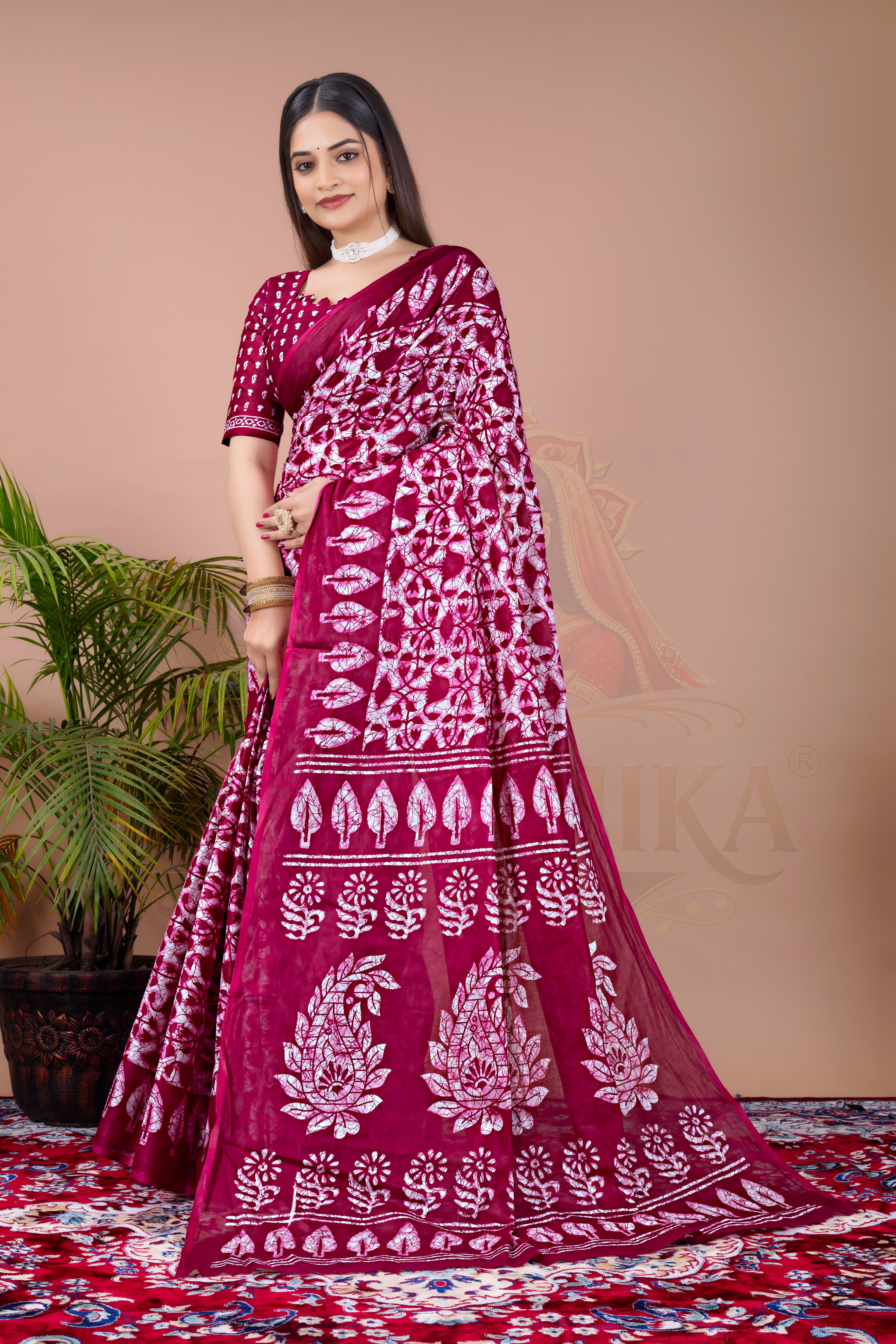 Rani Pink Batik Printed Cotton Saree