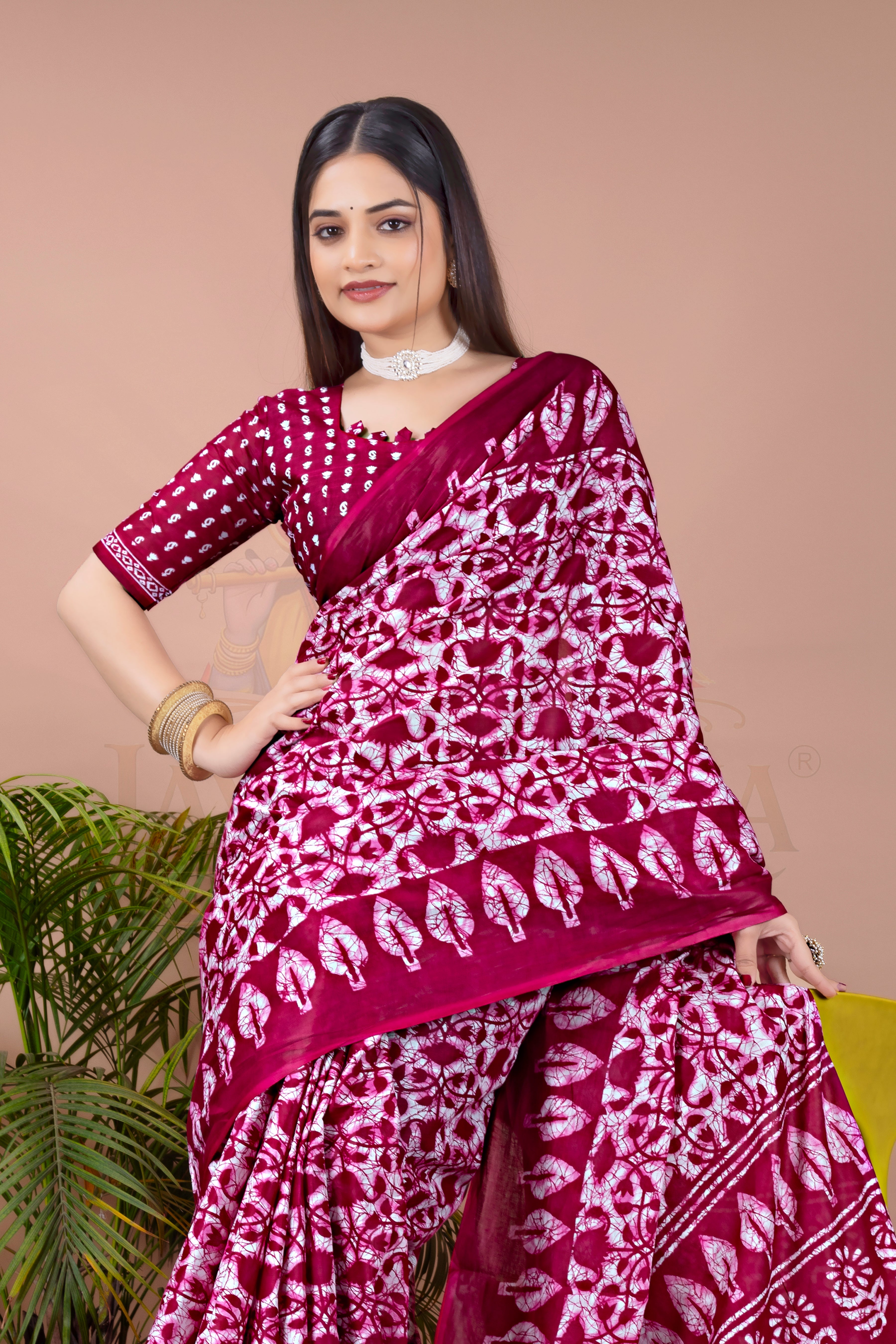 Rani Pink Batik Printed Cotton Saree