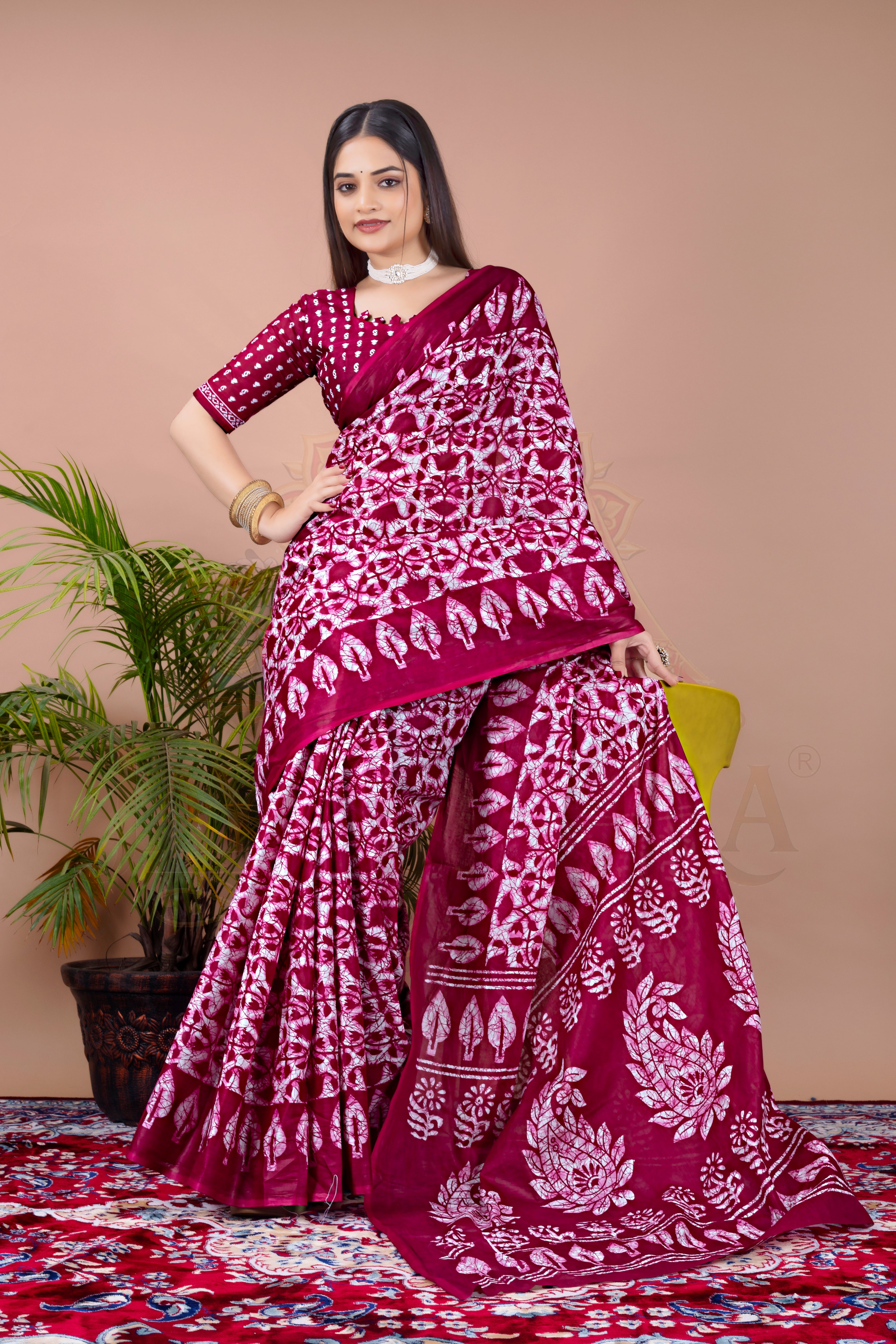 Rani Pink Batik Printed Cotton Saree