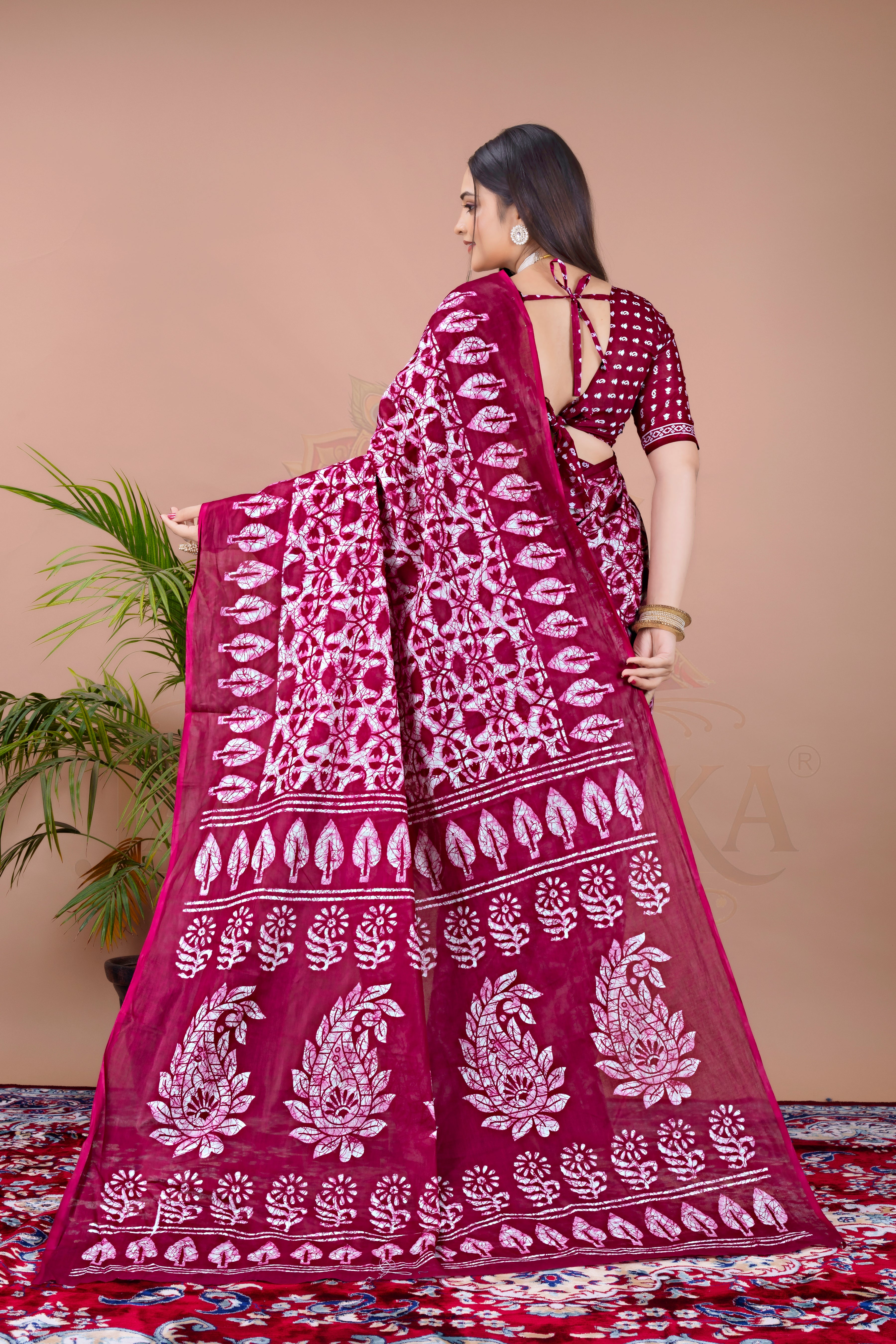 Rani Pink Batik Printed Cotton Saree