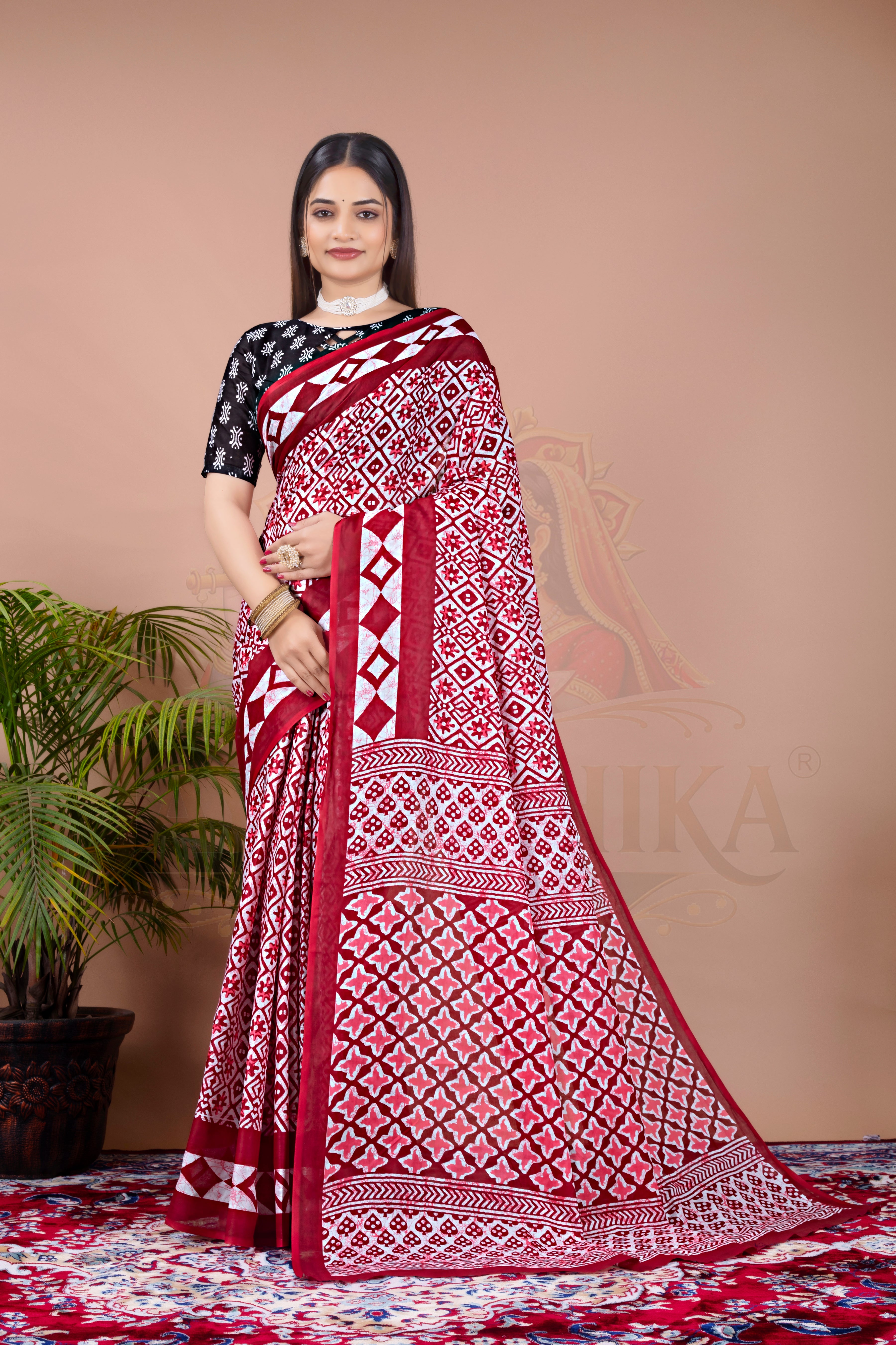Red White Printed Cotton Saree