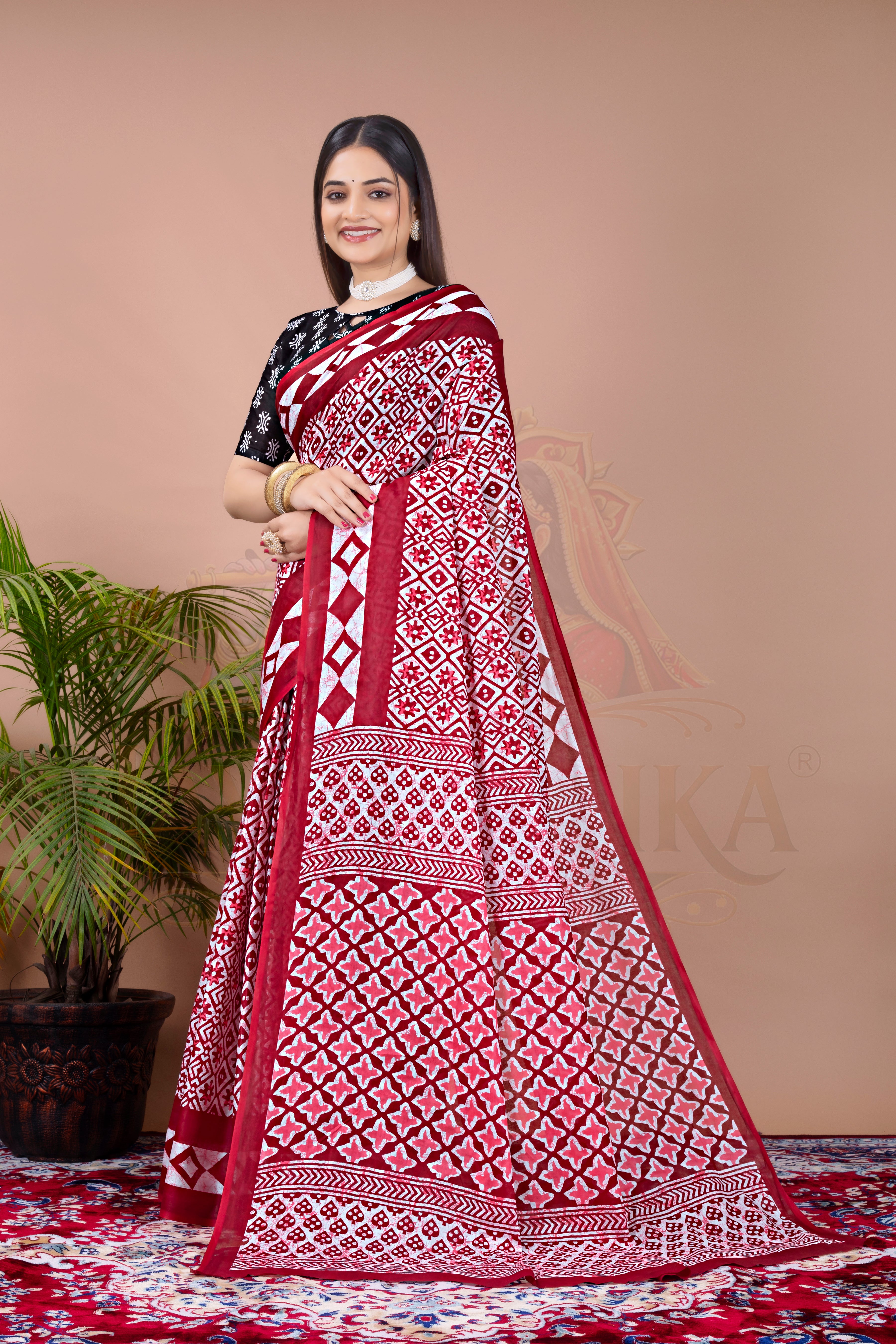Red White Printed Cotton Saree