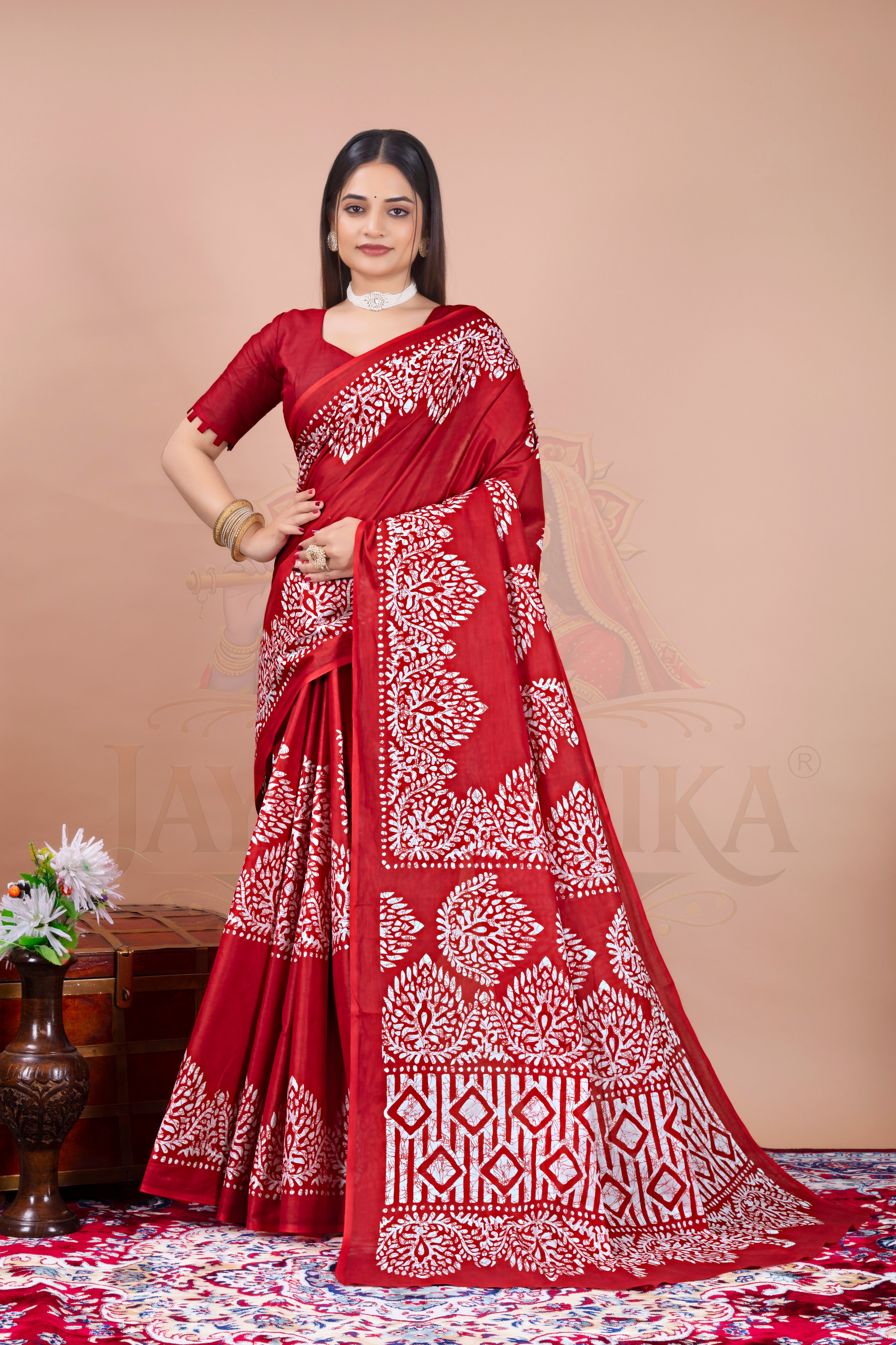 Red Batik Printed Cotton Saree