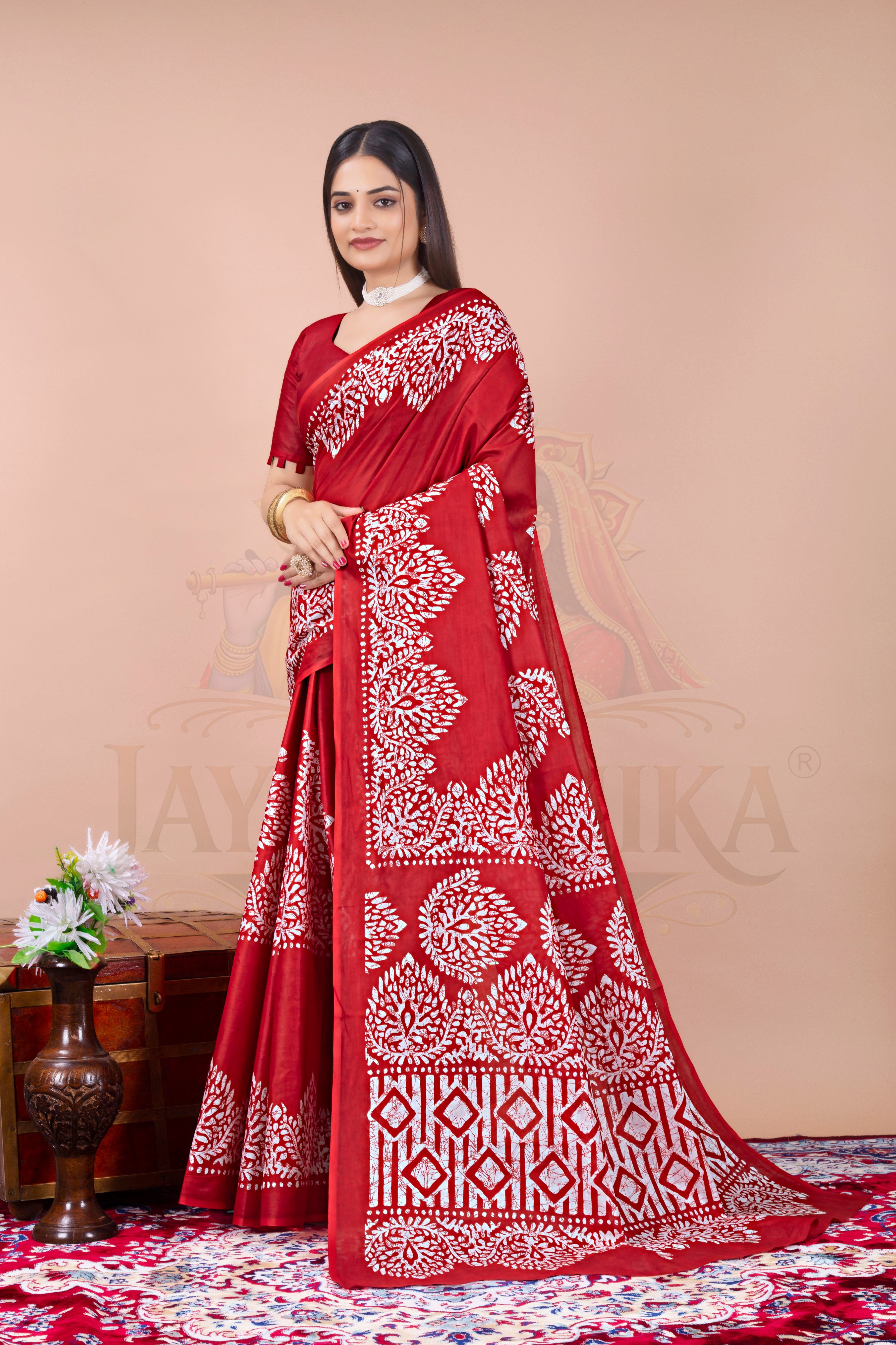 Red Batik Printed Cotton Saree