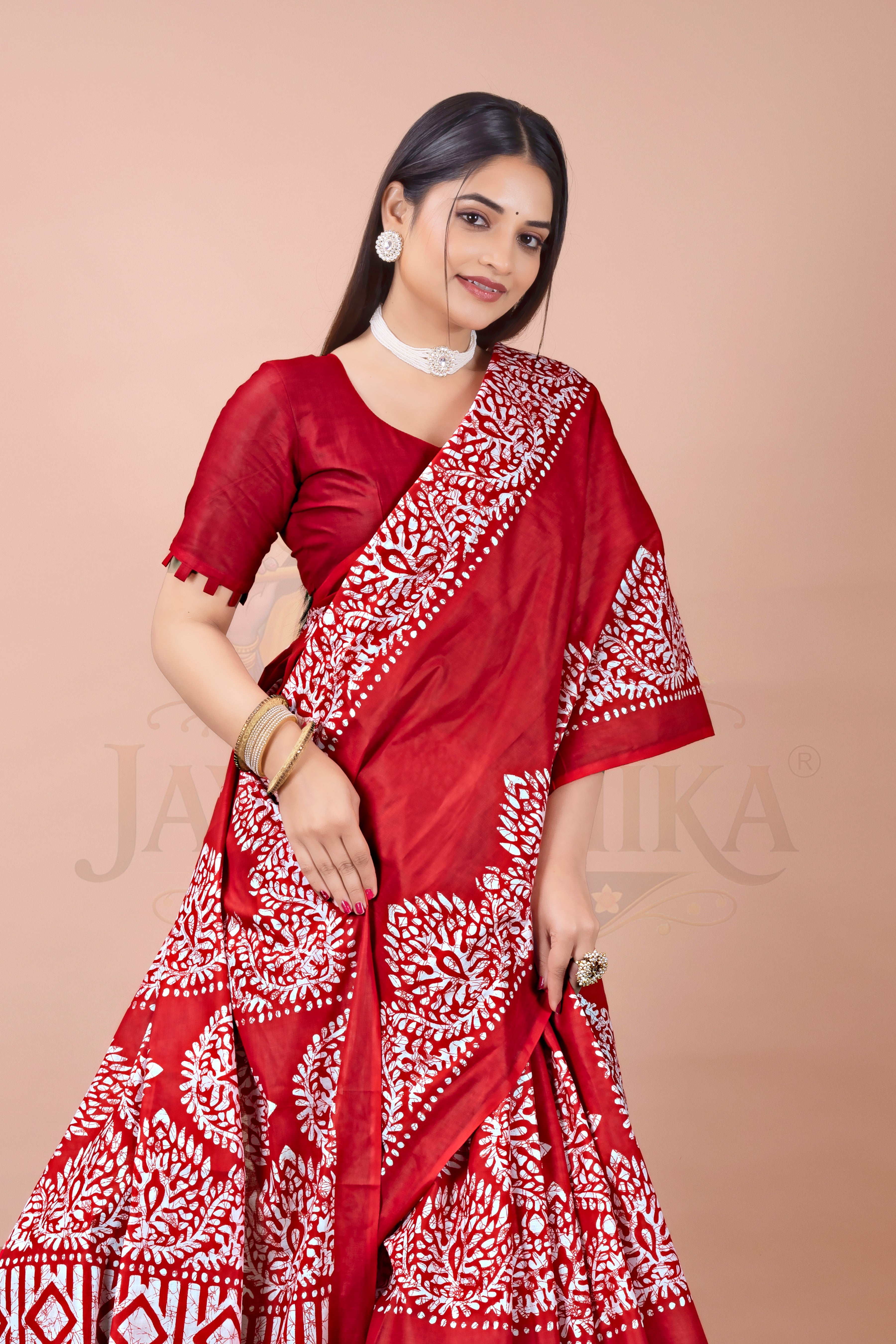 Red Batik Printed Cotton Saree