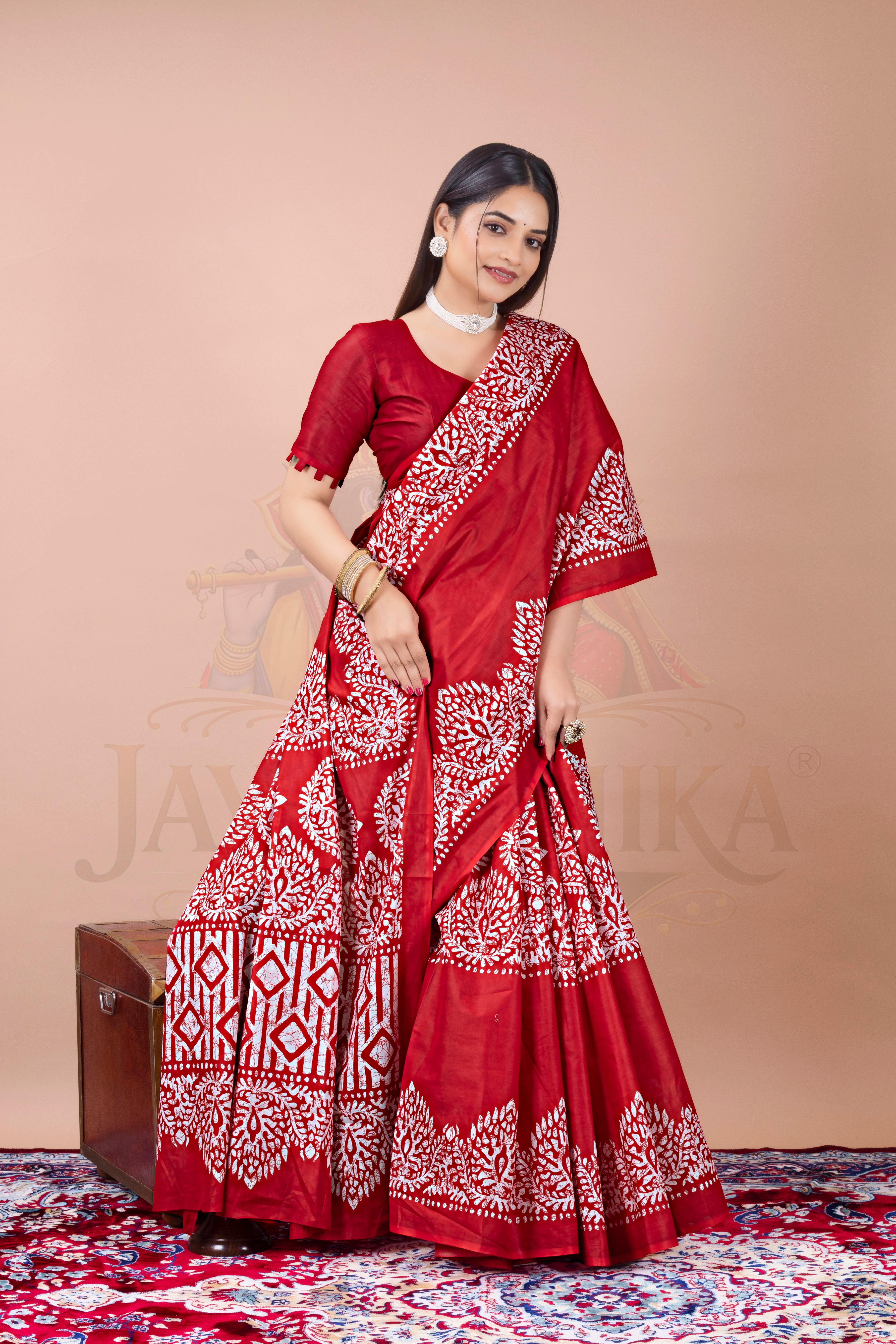 Red Batik Printed Cotton Saree