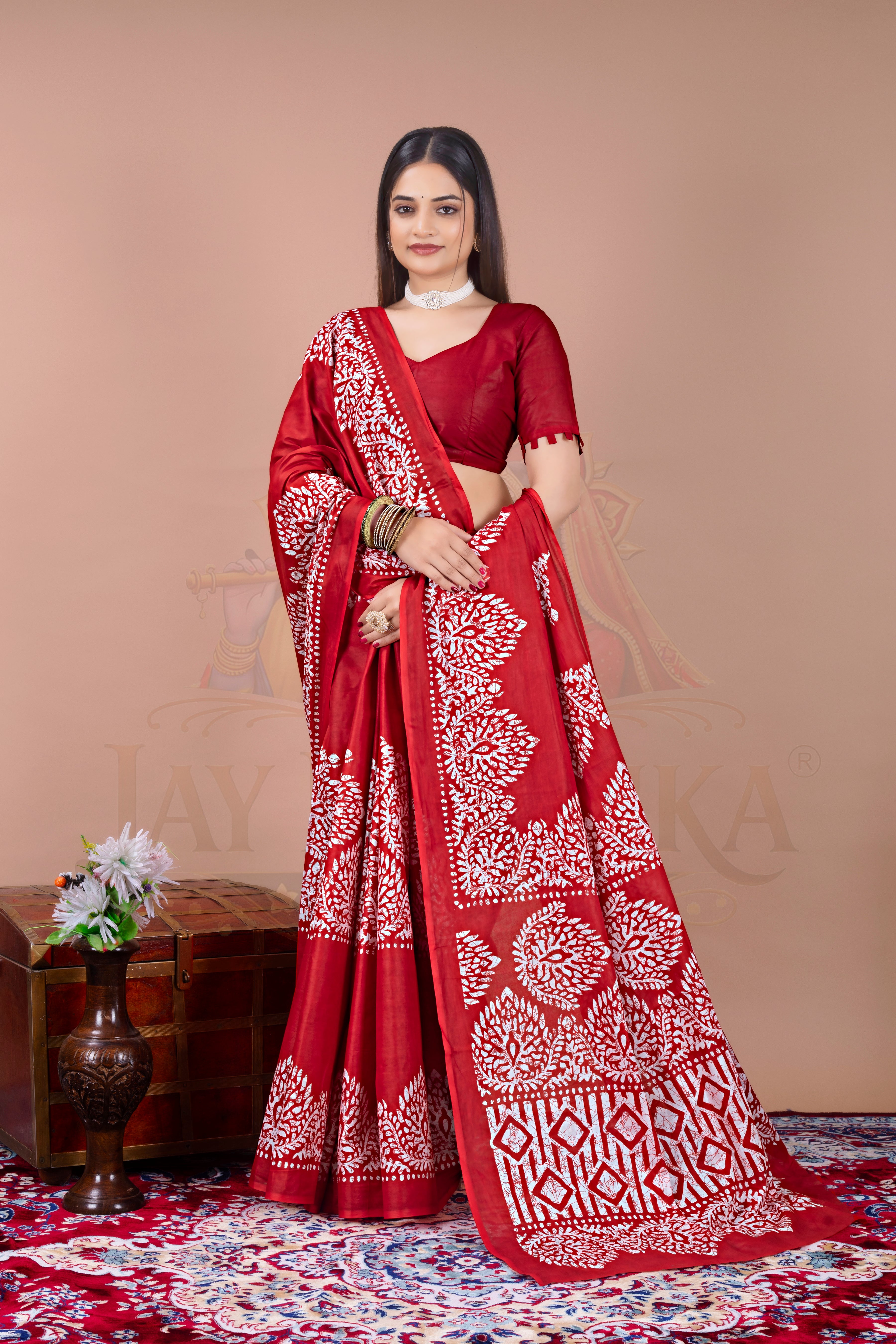 Red Batik Printed Cotton Saree