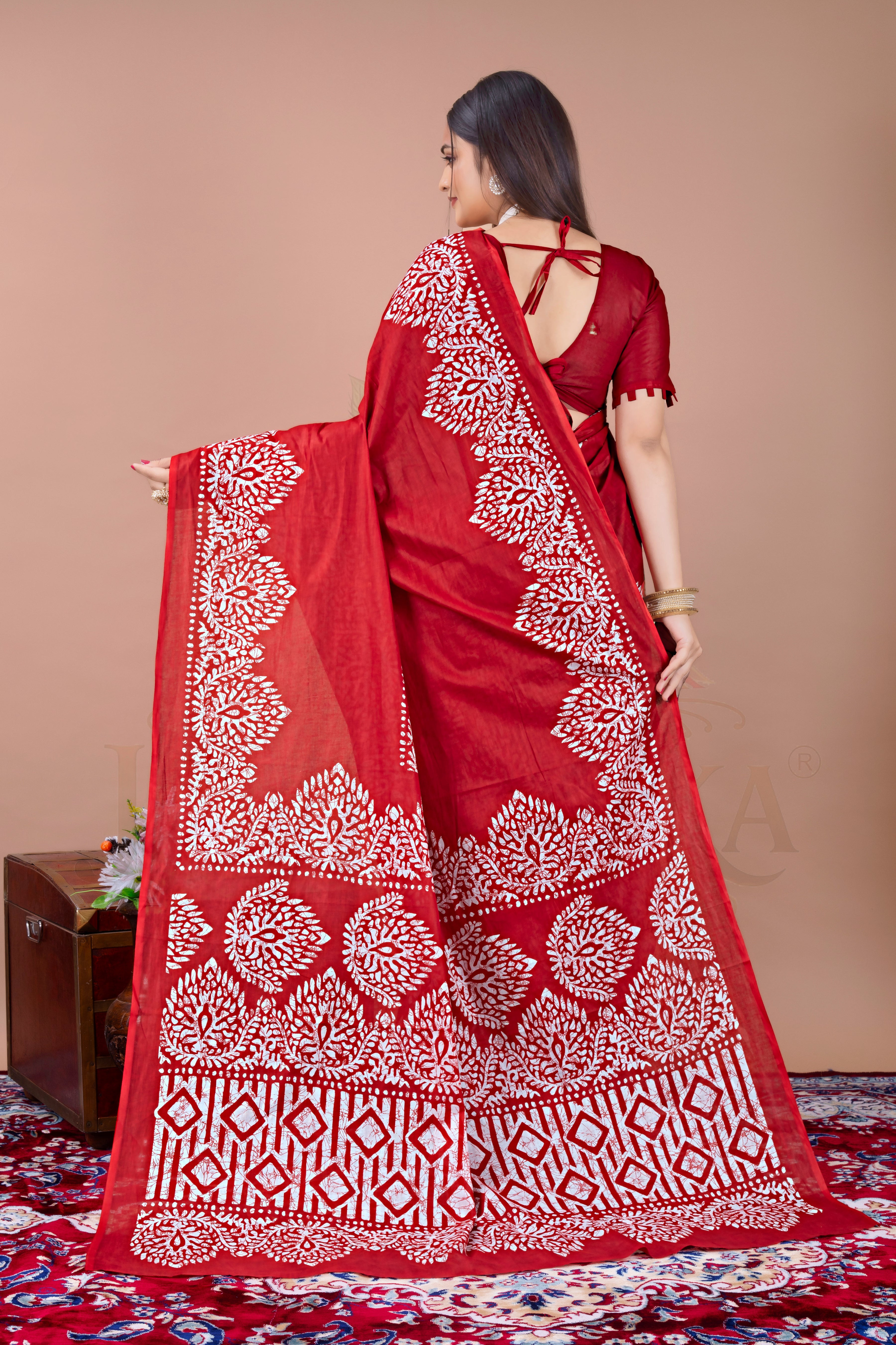 Red Batik Printed Cotton Saree
