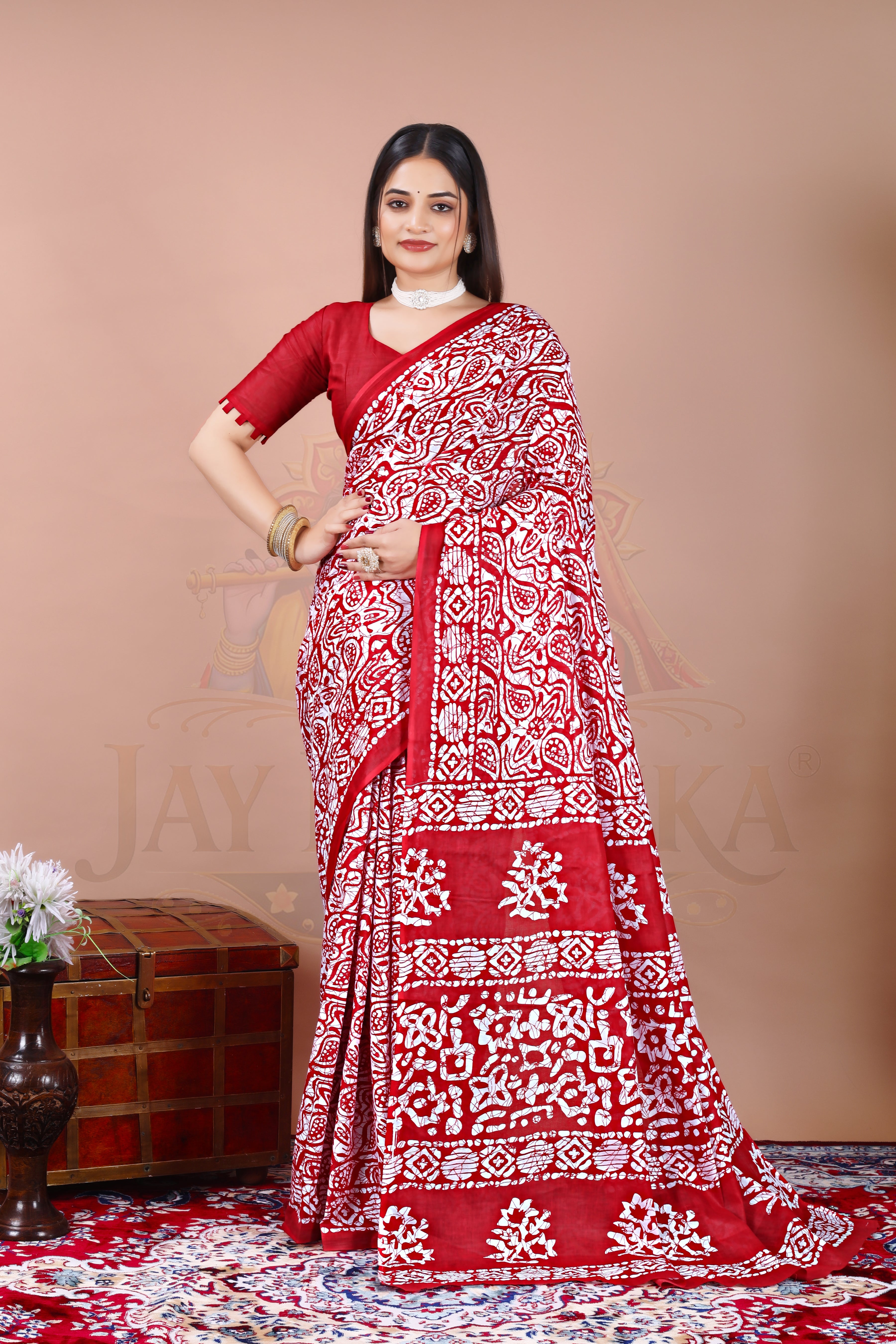 Pushpa Red Batik Printed Cotton Saree