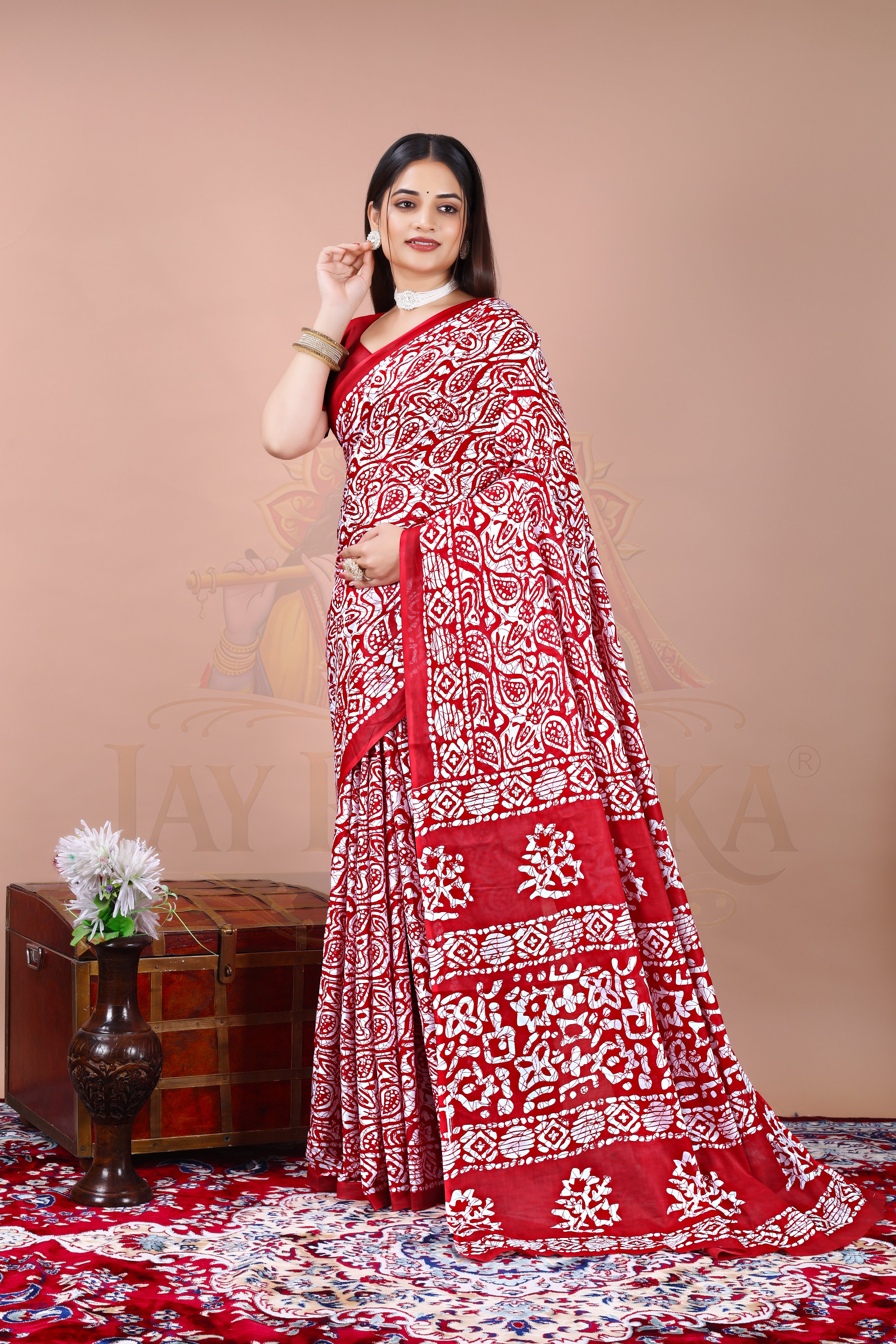 Pushpa Red Batik Printed Cotton Saree