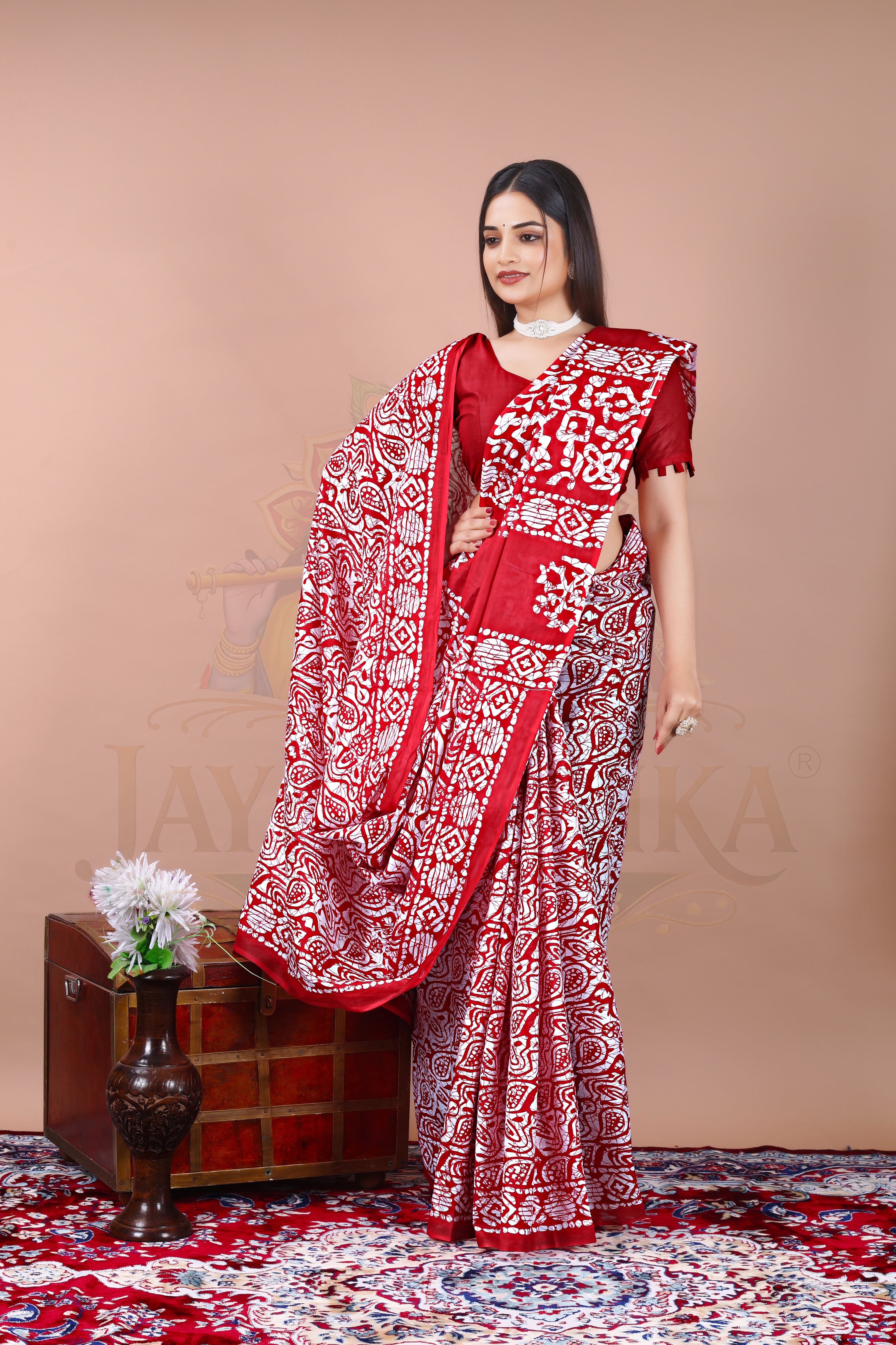 Pushpa Red Batik Printed Cotton Saree
