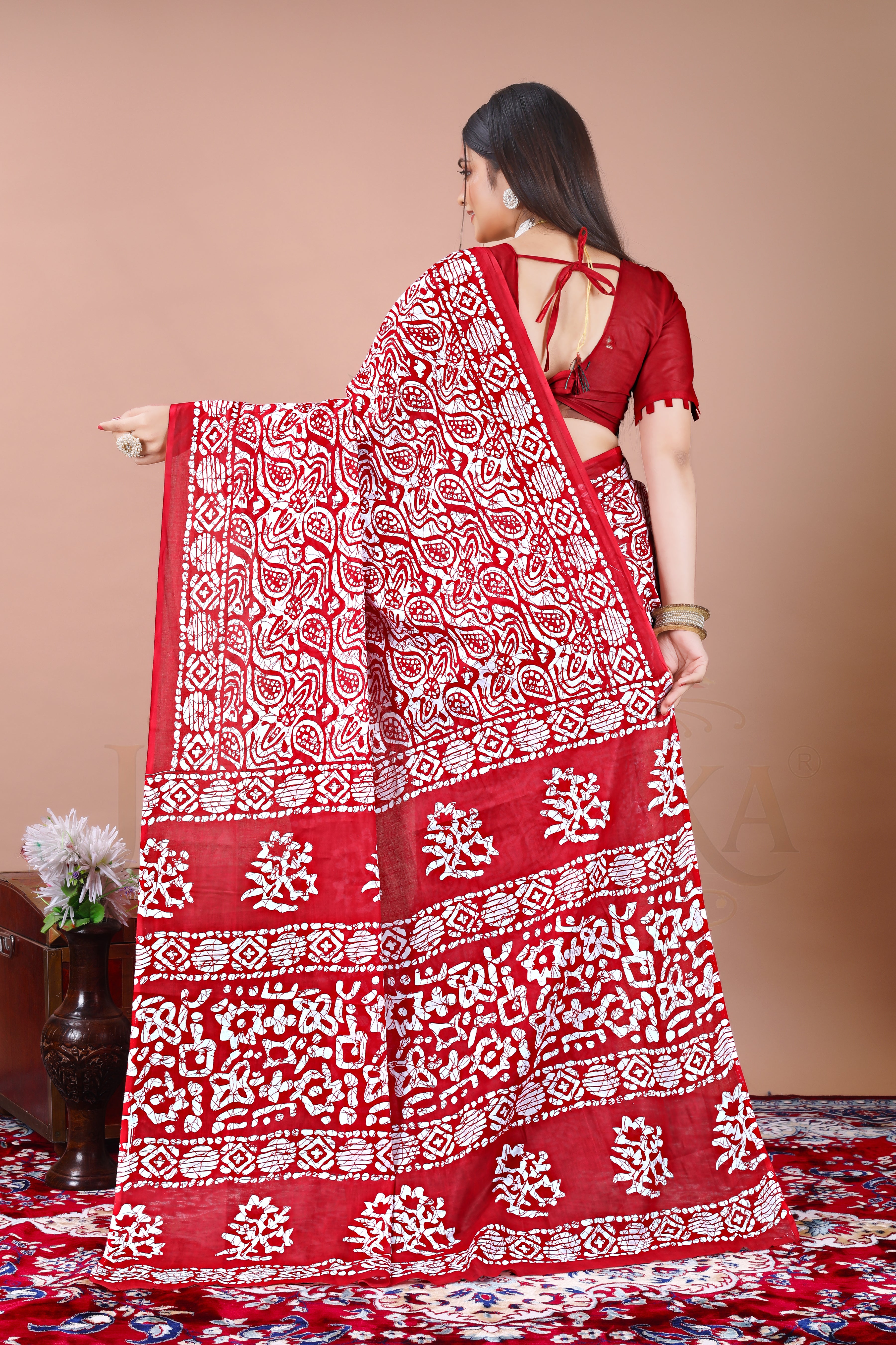 Pushpa Red Batik Printed Cotton Saree