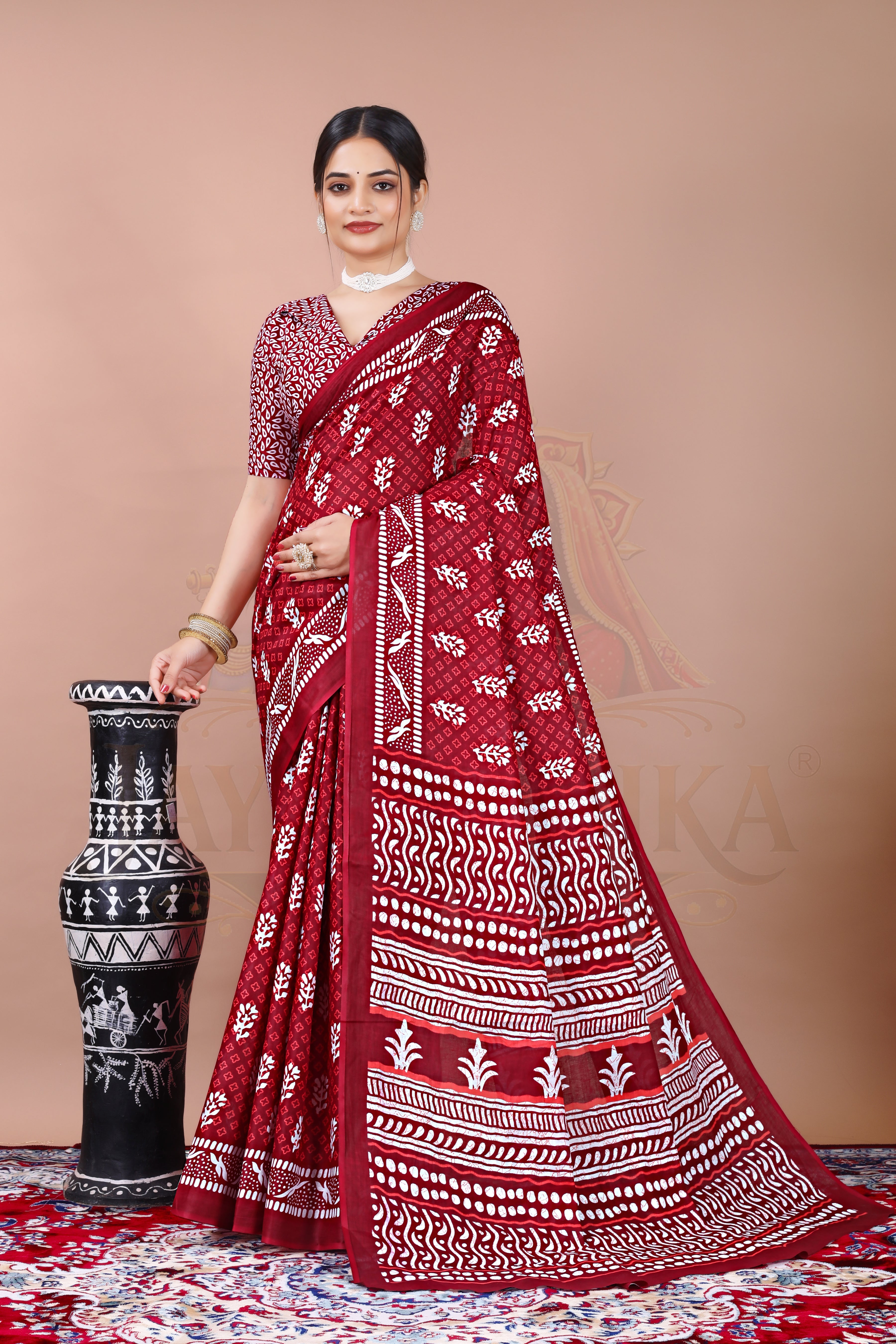 Maroon Hand Block Printed Cotton Saree
