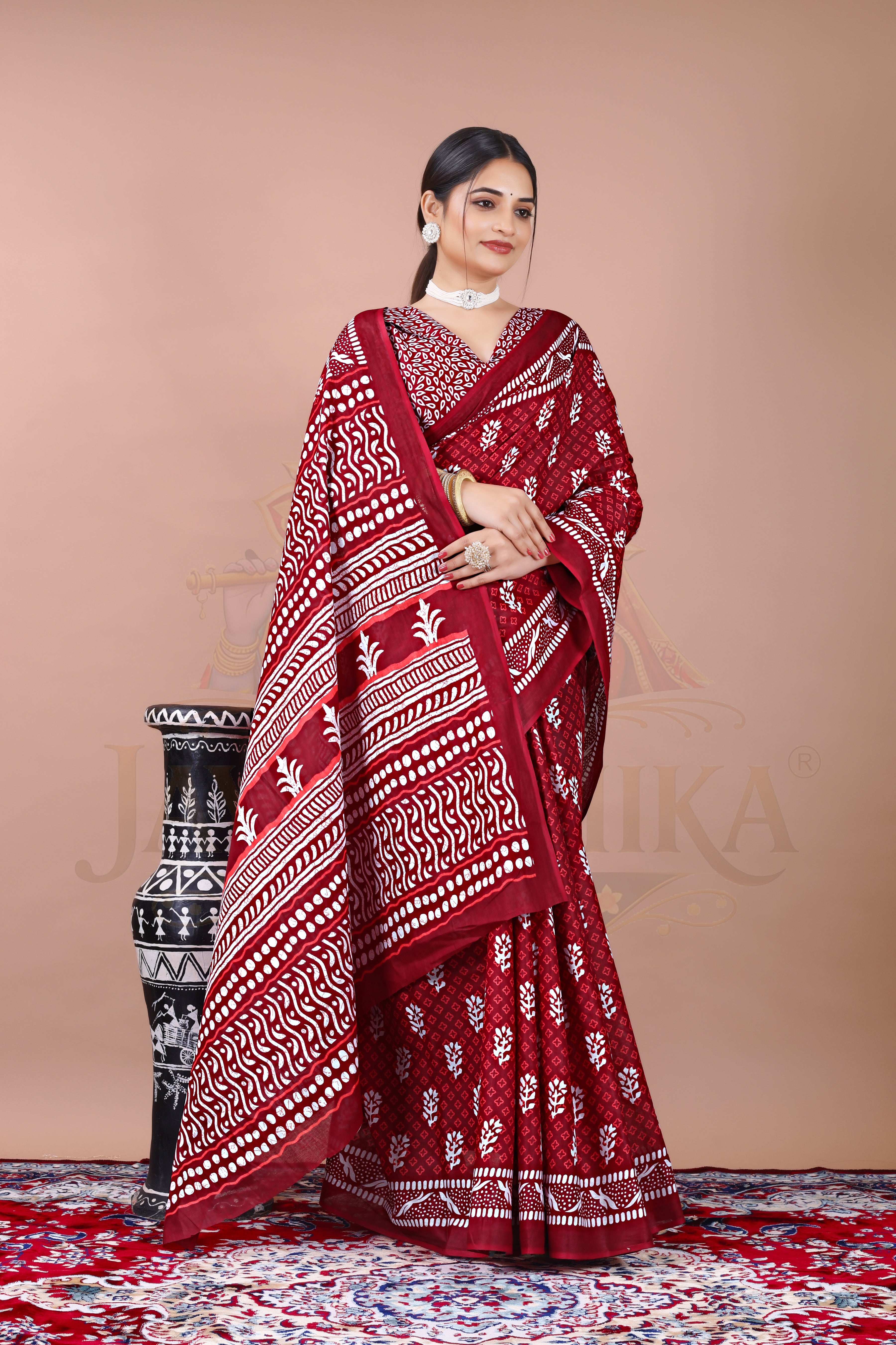 Maroon Hand Block Printed Cotton Saree