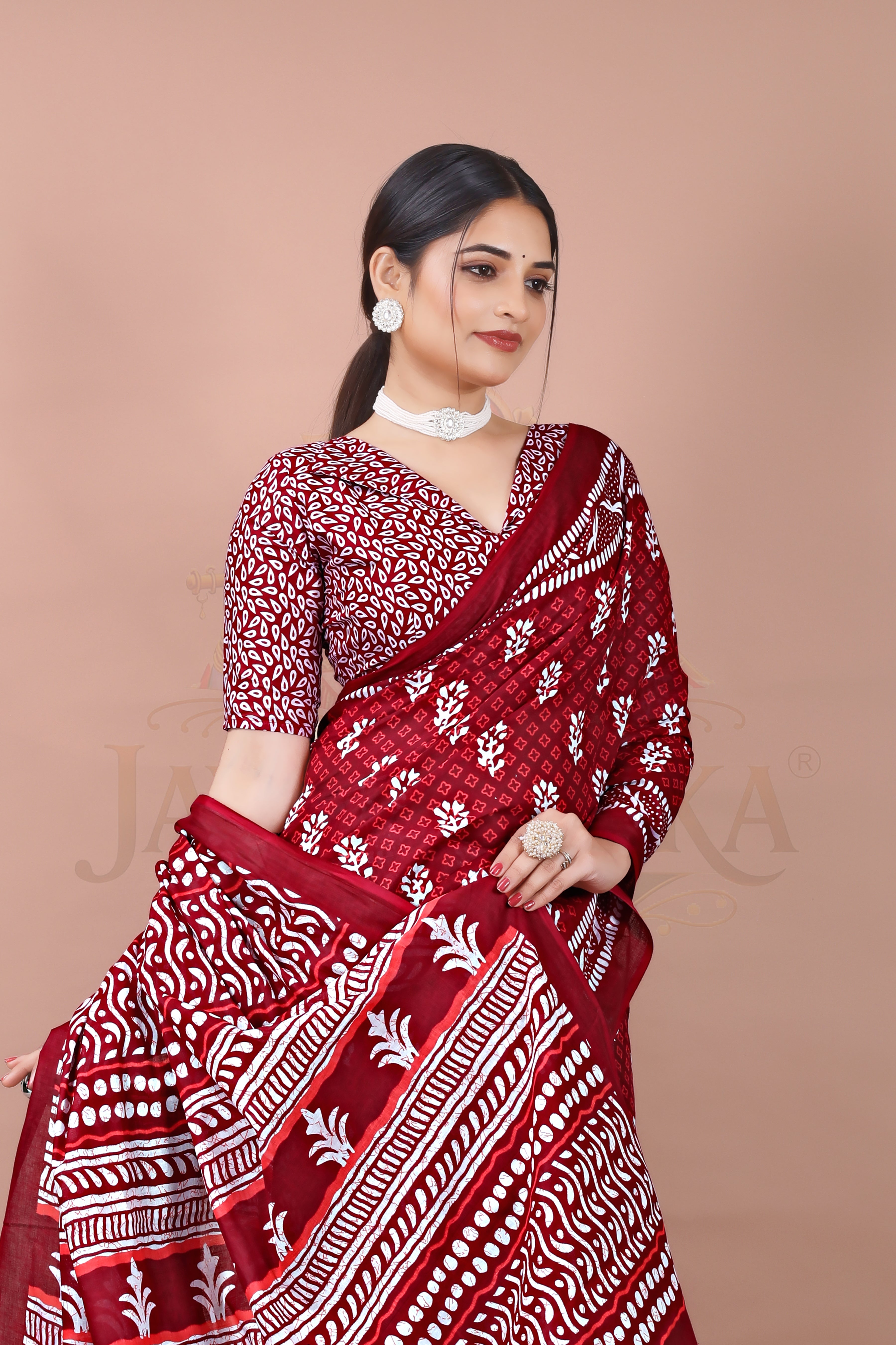 Maroon Hand Block Printed Cotton Saree
