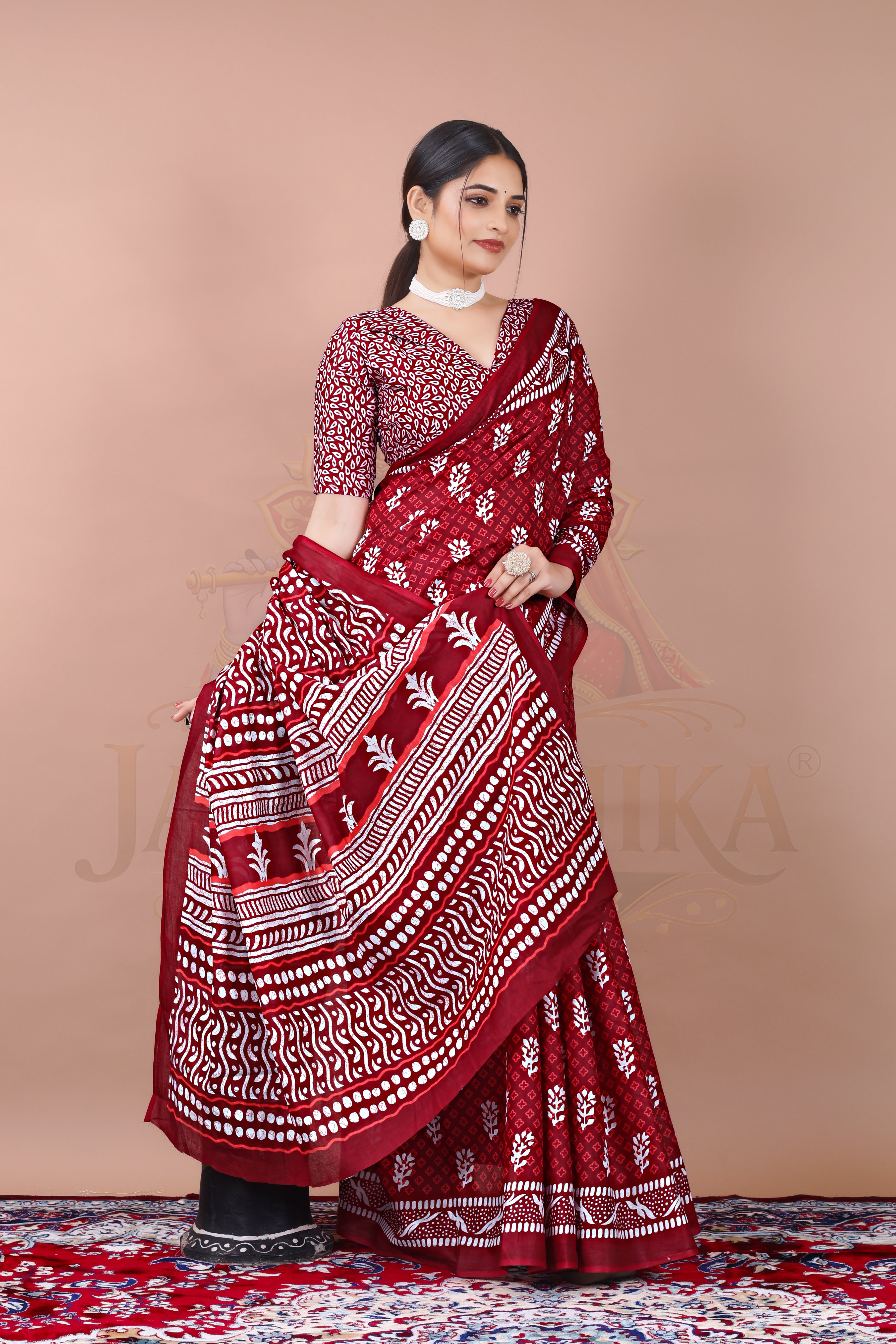 Maroon Hand Block Printed Cotton Saree
