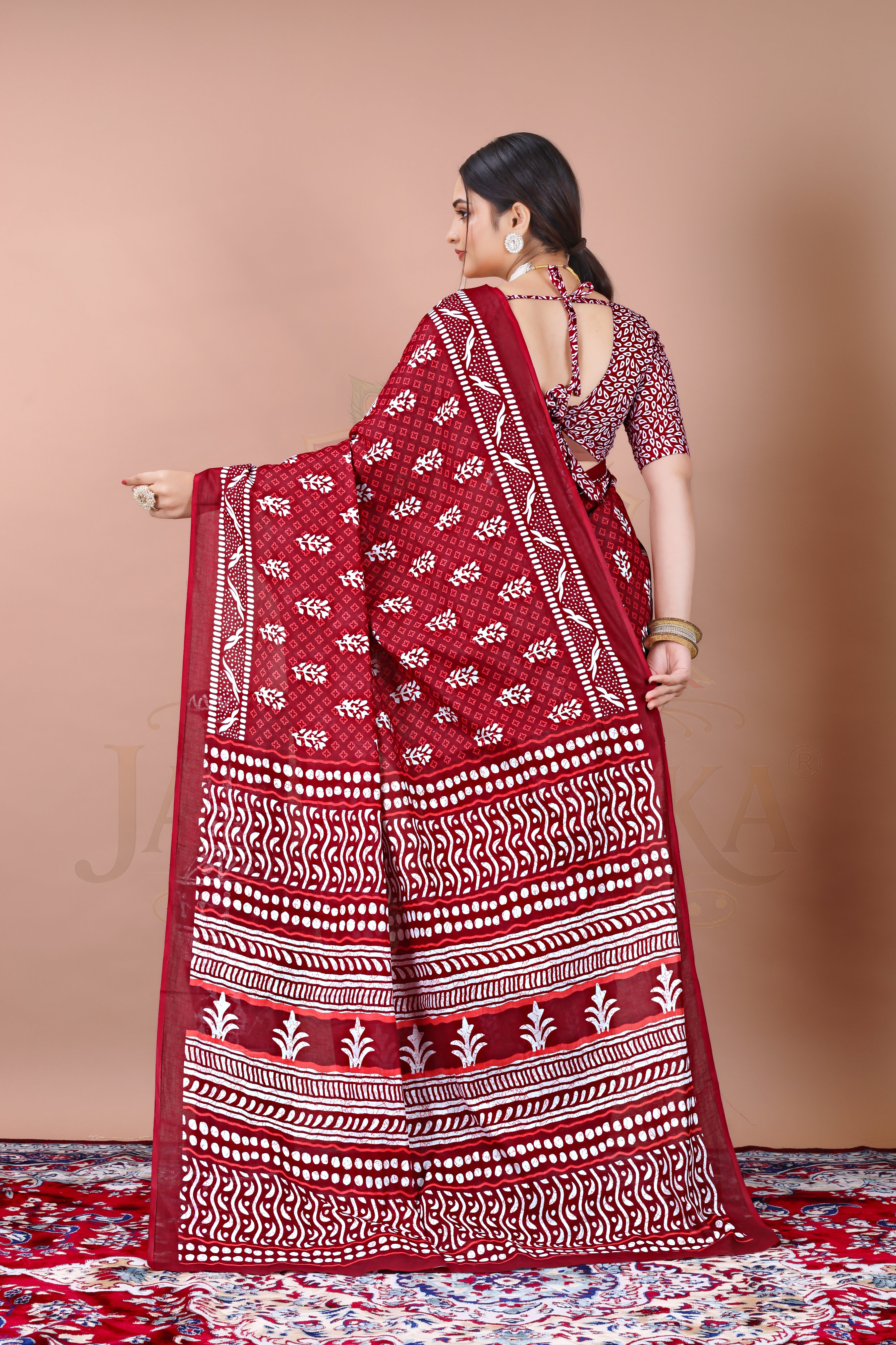 Maroon Hand Block Printed Cotton Saree