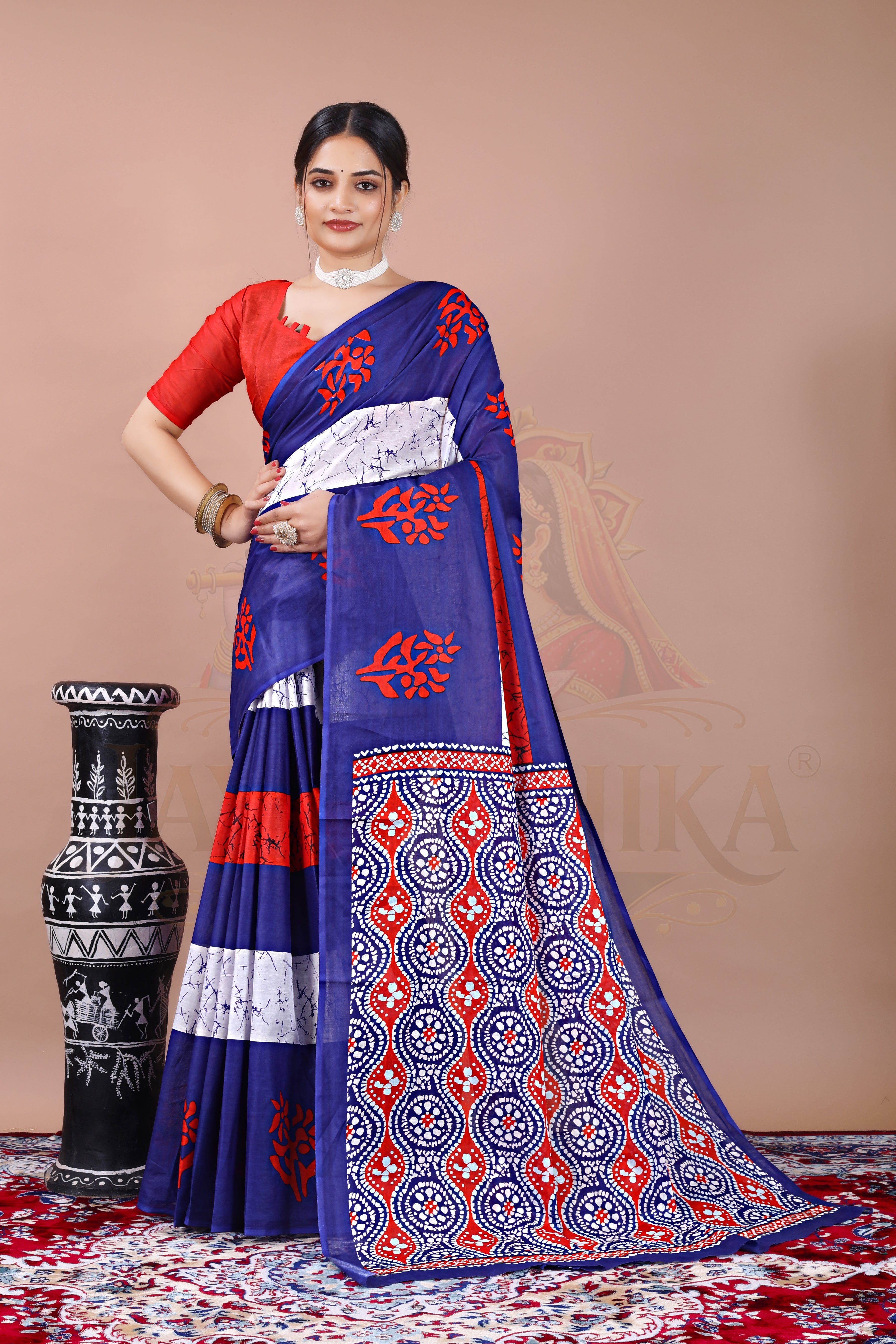 Blue Red Batik Printed Cotton Saree