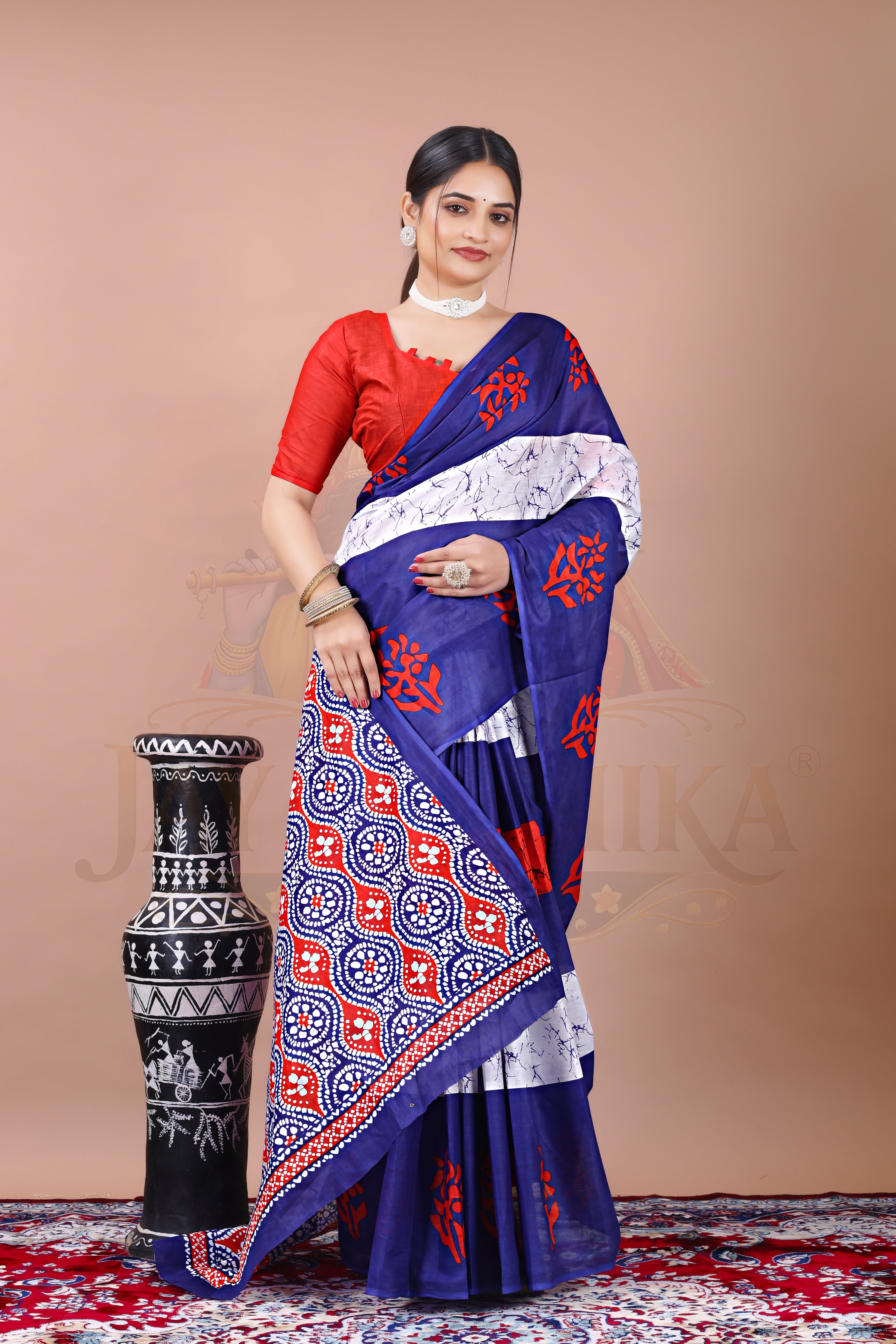 Blue Red Batik Printed Cotton Saree